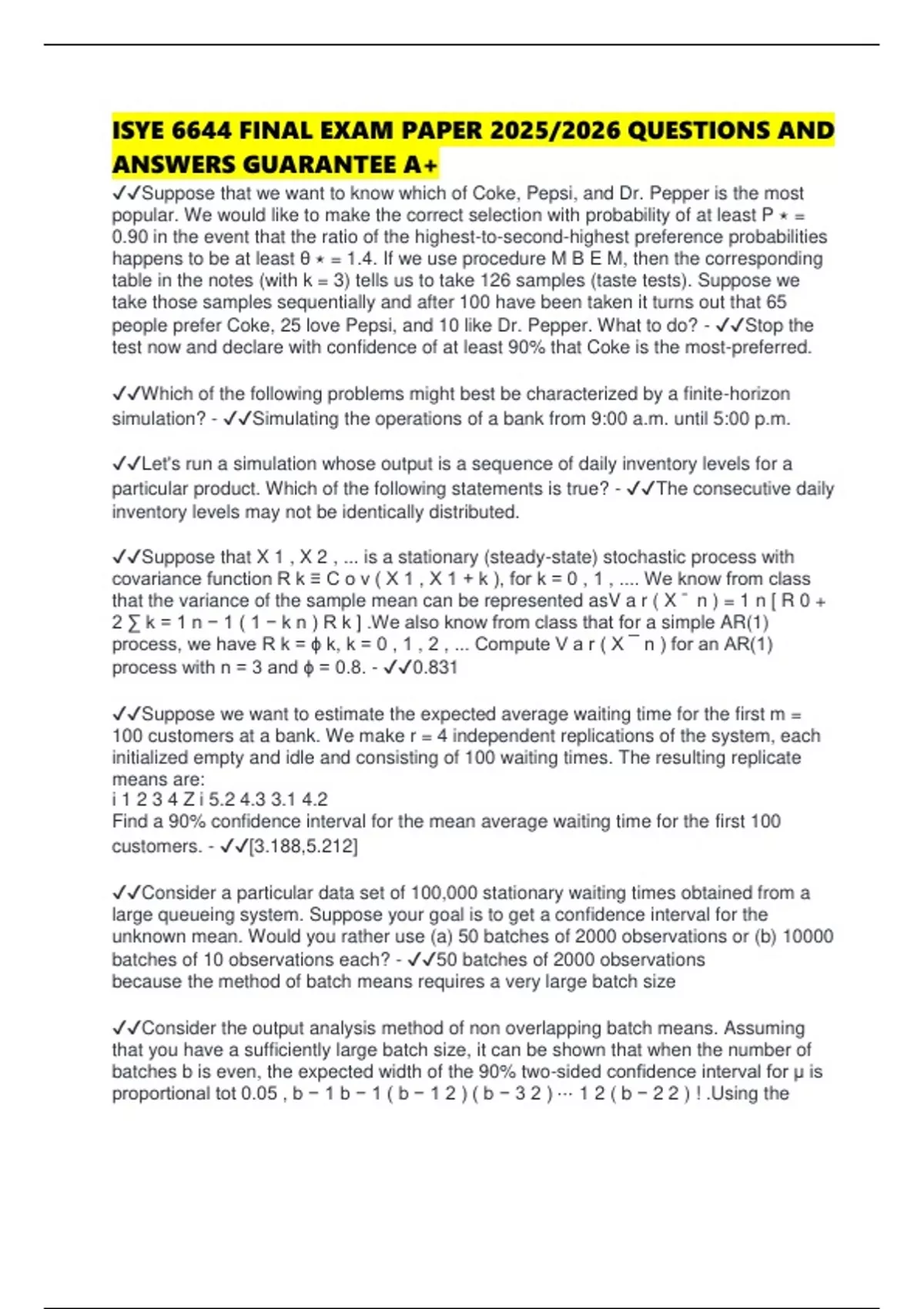 ISYE 6644 FINAL EXAM PAPER 2025/2026 QUESTIONS AND ANSWERS GUARANTEE A+ - ISYE - Stuvia US