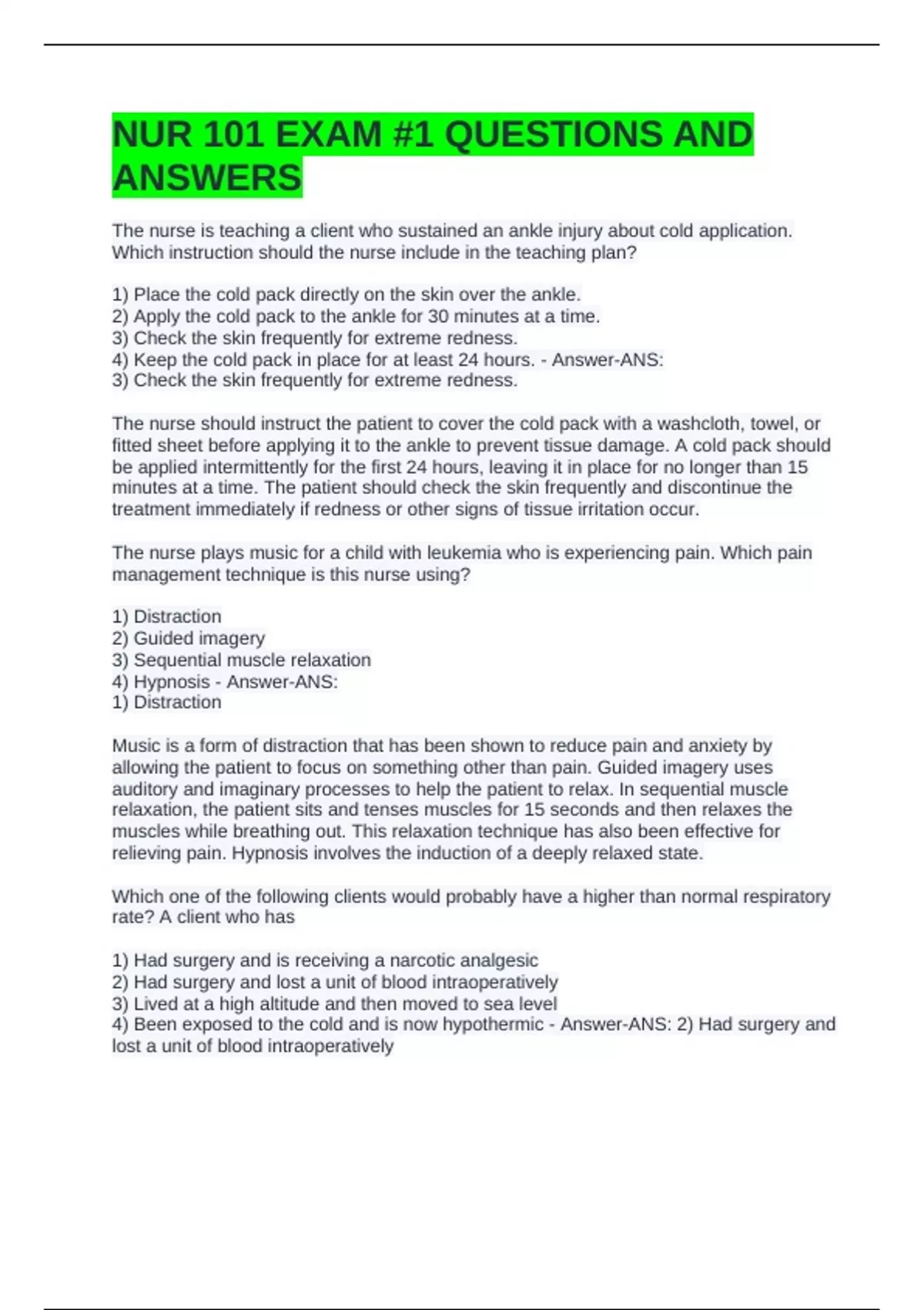 NUR 101 EXAM #1 QUESTIONS AND ANSWERS - NUR 101 - Stuvia US