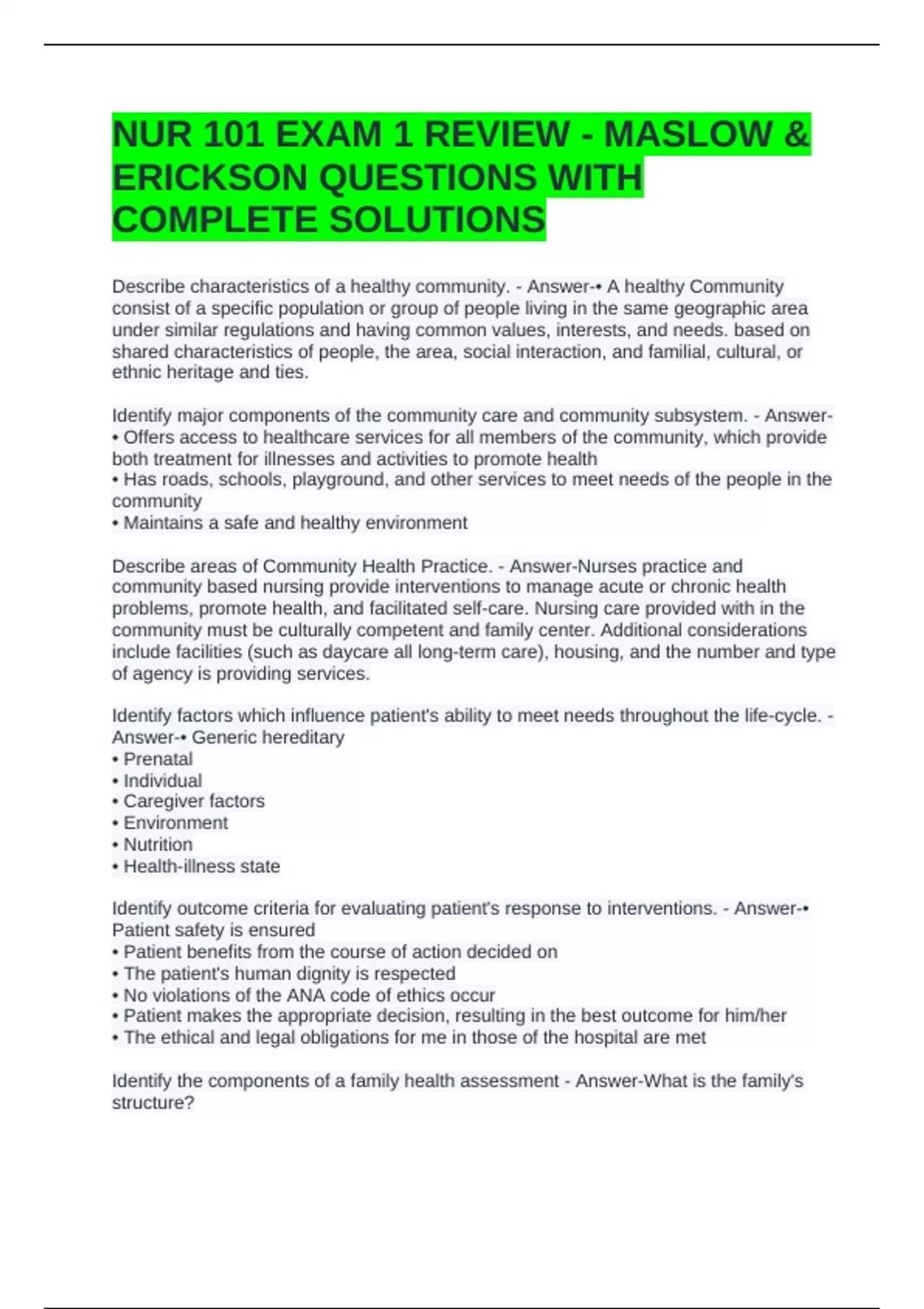 NUR 101 EXAM 1 REVIEW - MASLOW & ERICKSON QUESTIONS WITH COMPLETE ...