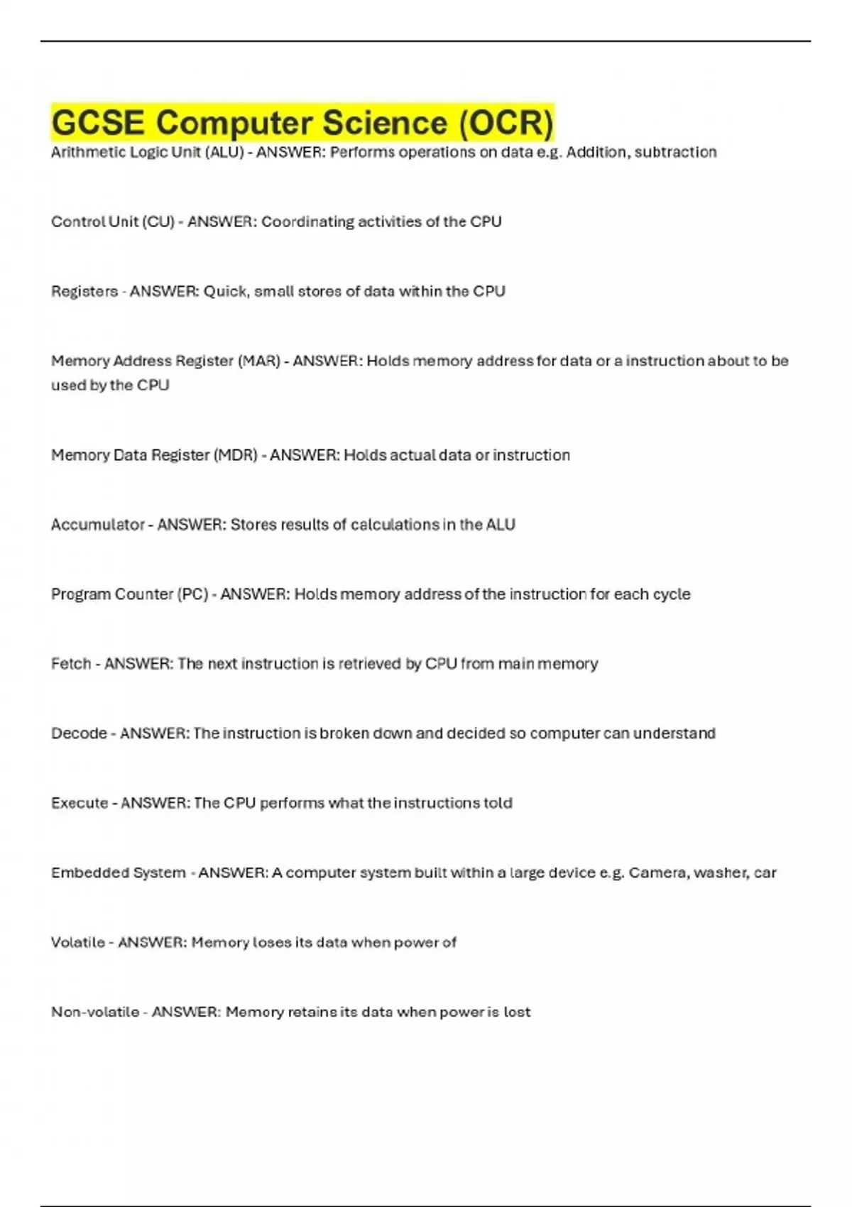 GCSE Computer Science (OCR) - OCR - Stuvia US