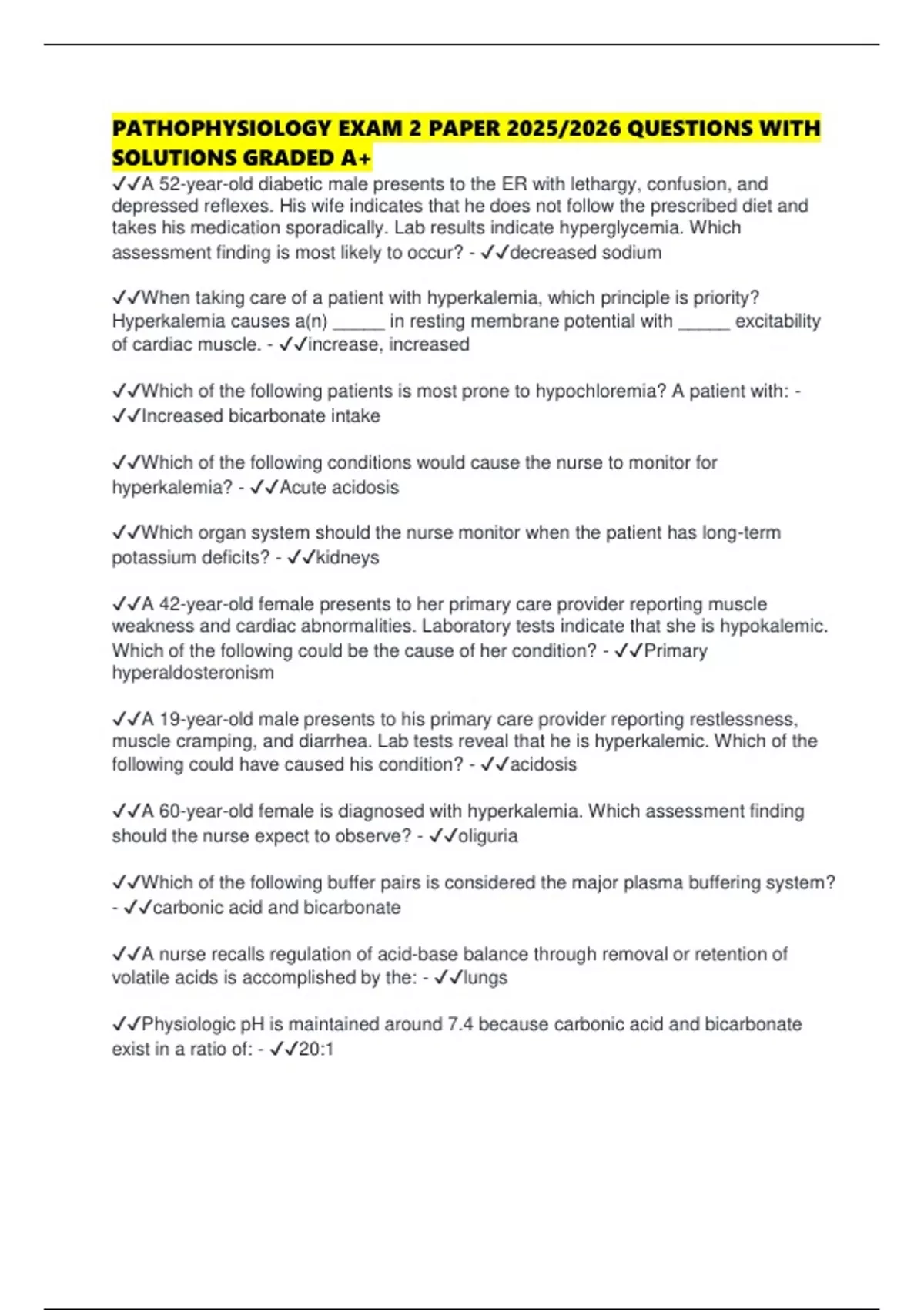 PATHOPHYSIOLOGY EXAM 2 PAPER 2025/2026 QUESTIONS WITH SOLUTIONS GRADED ...