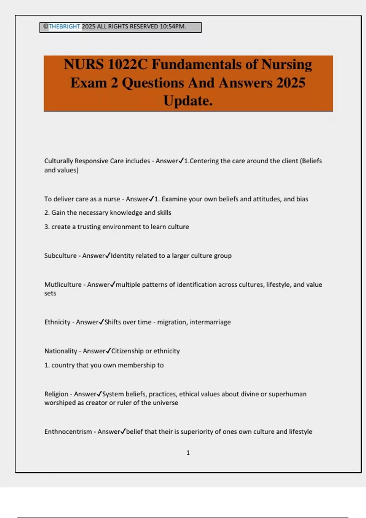 NURS 1022C Fundamentals of Nursing Exam 2 Questions And Answers 2025 ...