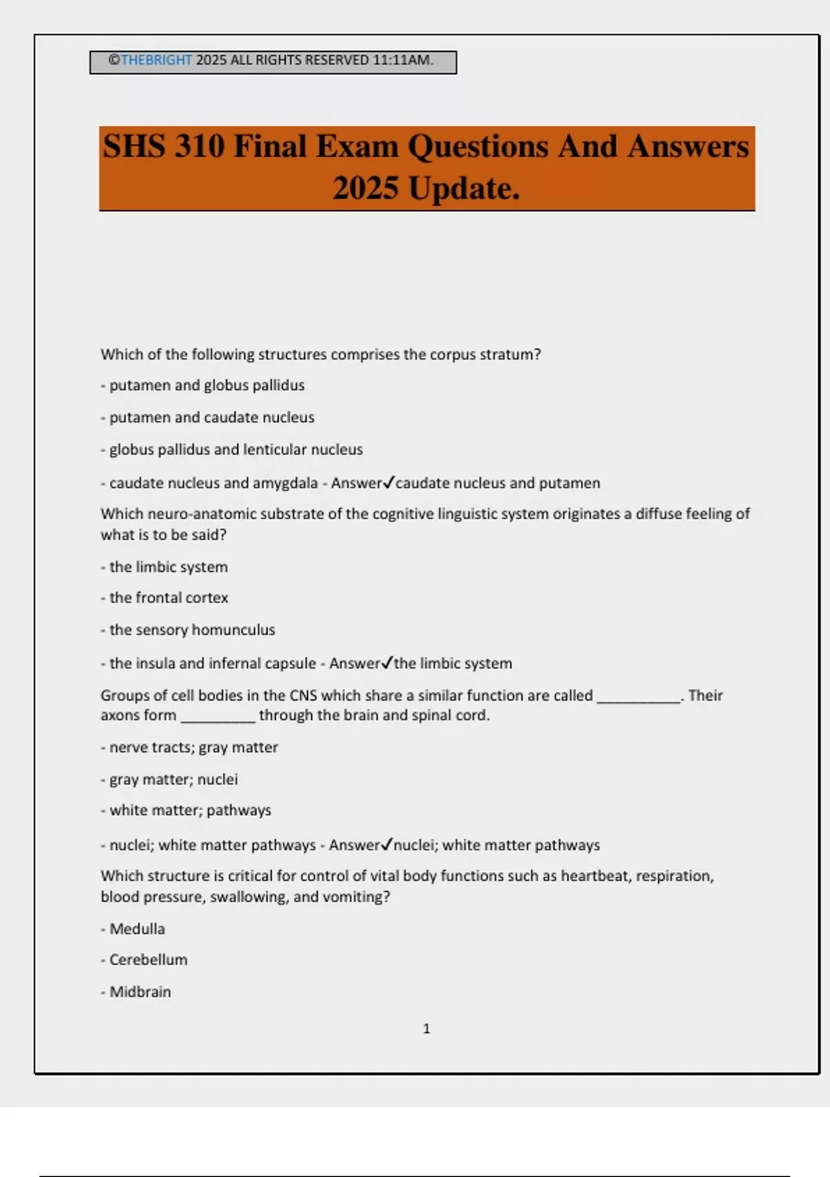 SHS 310 Final Exam Questions And Answers 2025 Update - SHS 310 - Stuvia US