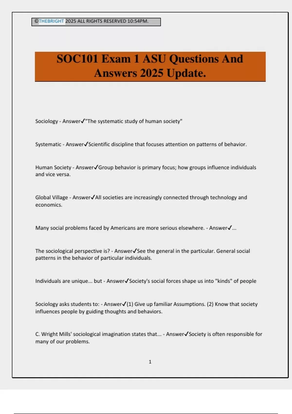 SOC101 Exam 1 ASU Questions And Answers 2025 Update. - SOC101 - Stuvia US