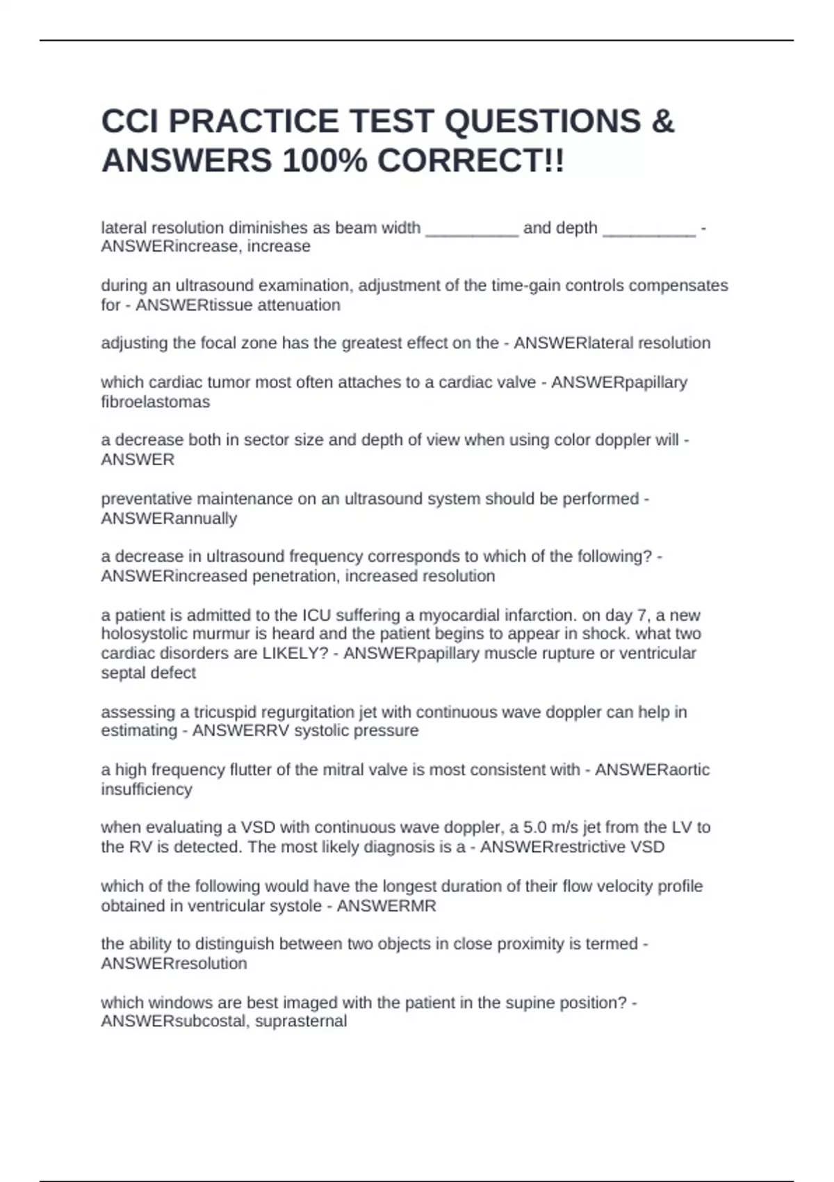 Per Cci Questionnaire.pdf CCI PRACTICE TEST QUESTIONS & ANSWERS 100% CORRECT!! - CCI \\\\ - Stuvia US