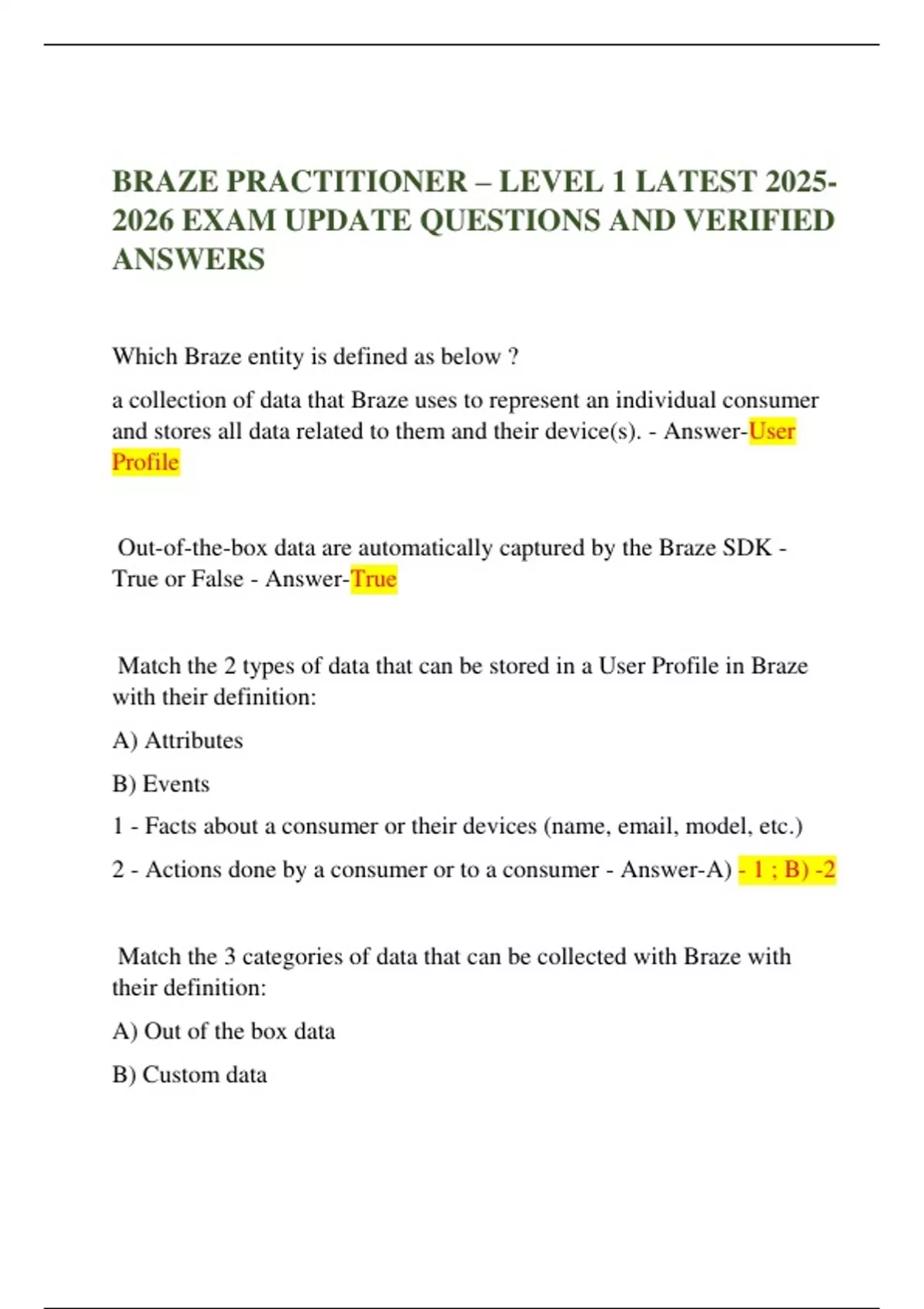 BRAZE PRACTITIONER – LEVEL 1 LATEST EXAM UPDATE QUESTIONS AND VERIFIED ...