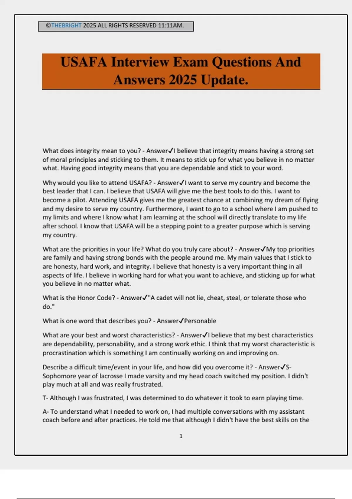 USAFA Interview Exam Questions And Answers 2025 Update. - USAFA - Stuvia US
