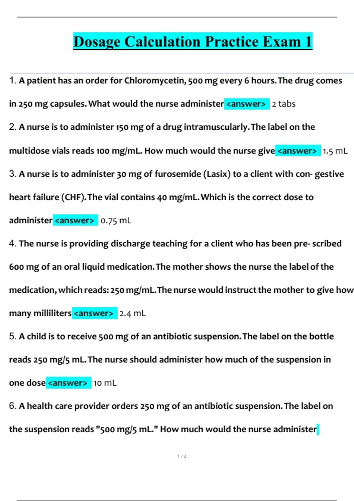 Dosage Calculation Practice Exam 1 Questions And Complete Solutions ...