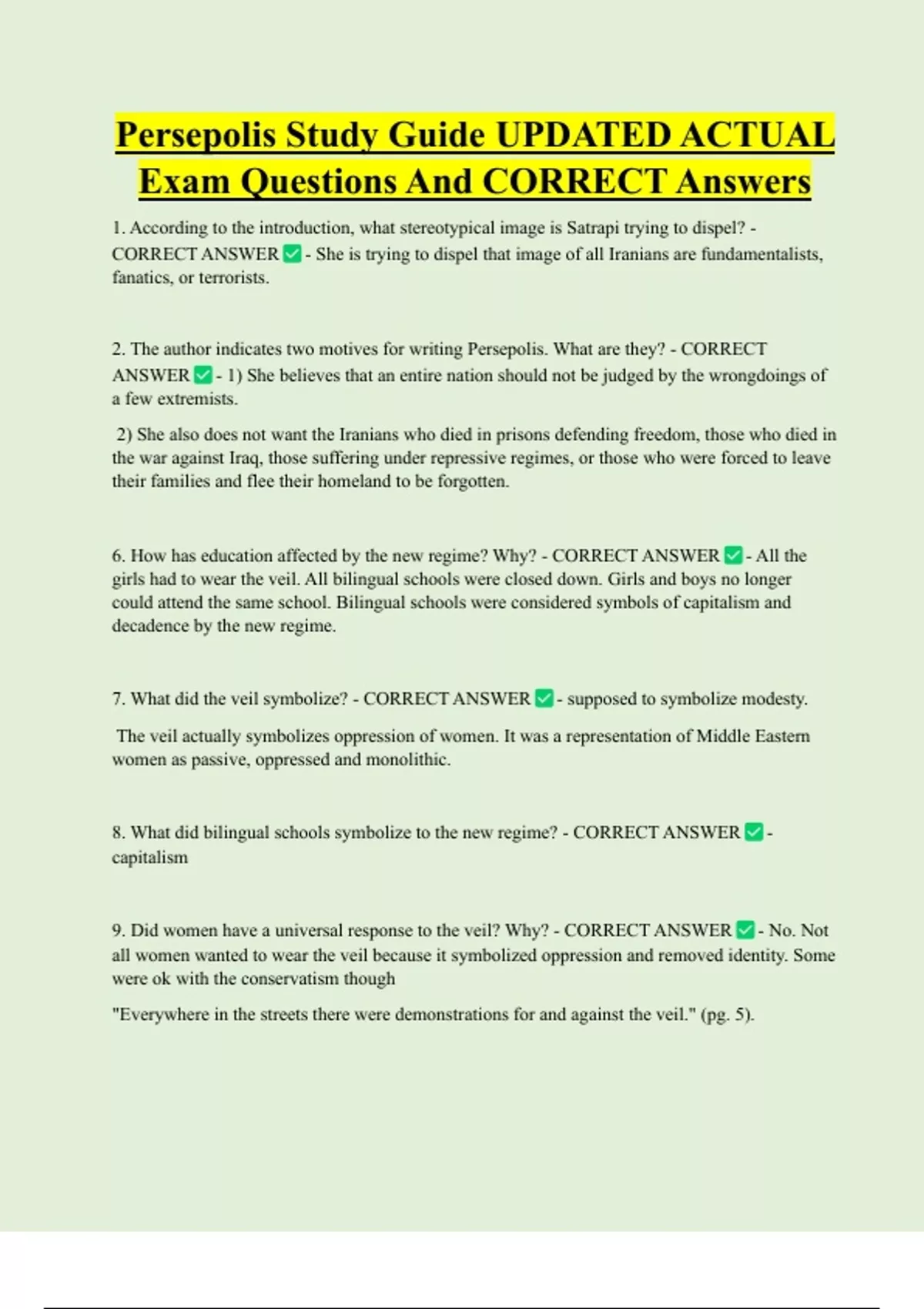 Persepolis Study Guide UPDATED ACTUAL Exam Questions And CORRECT ...