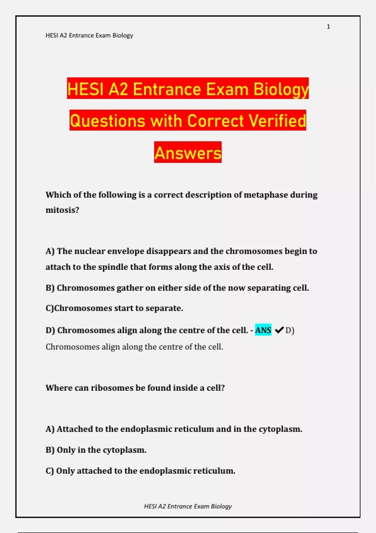 HESI A2 Entrance Exam Biology Questions with Correct Verified Answers ...