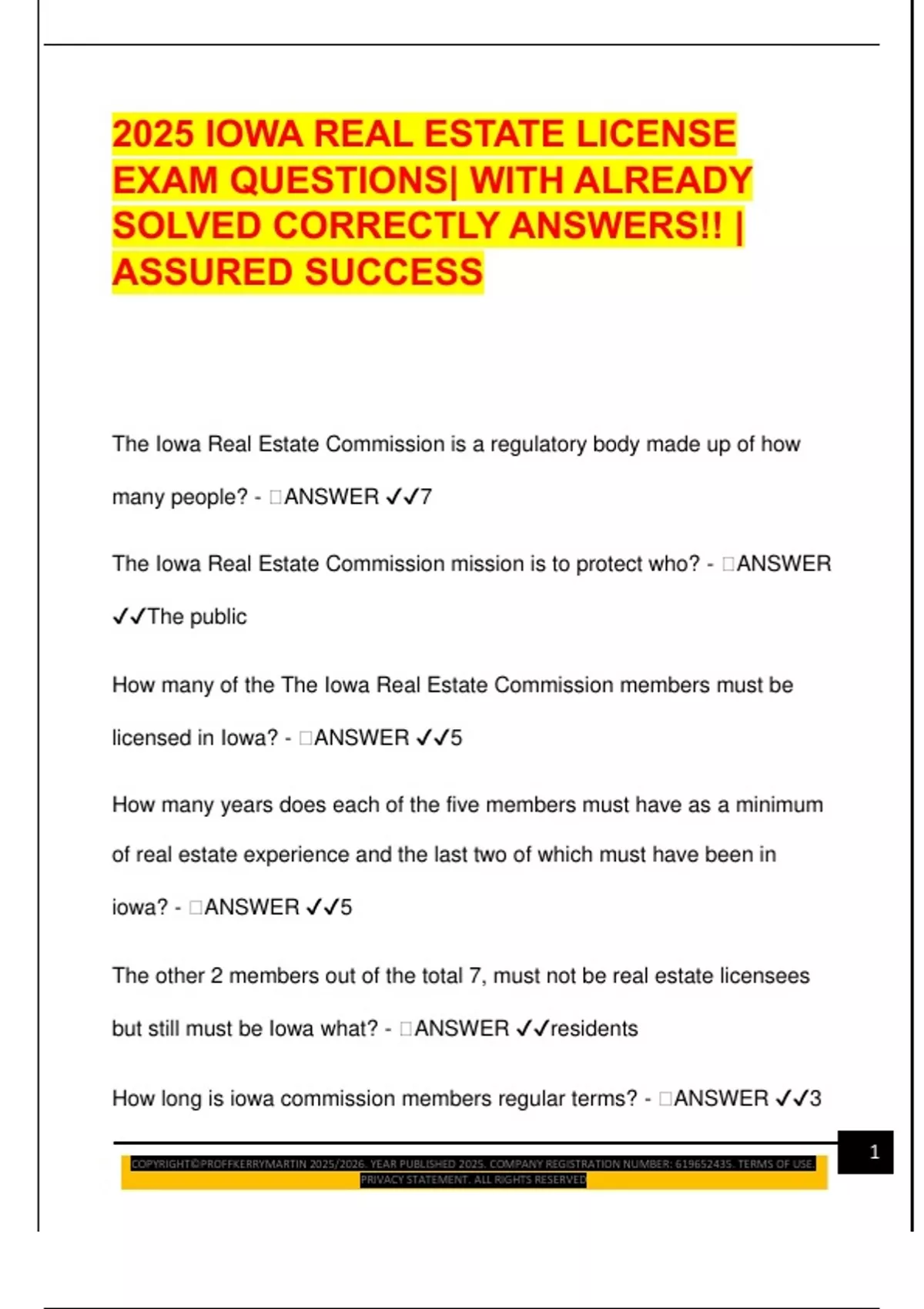 2025 IOWA REAL ESTATE LICENSE EXAM QUESTIONS| WITH ALREADY SOLVED ...