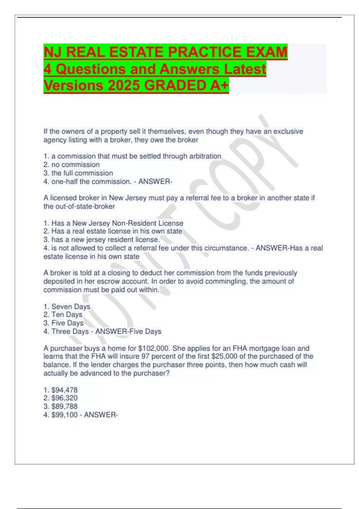 NJ REAL ESTATE PRACTICE EXAM 4 Questions and Answers Latest Versions 2025 GRADED A+. - NJ REAL ...