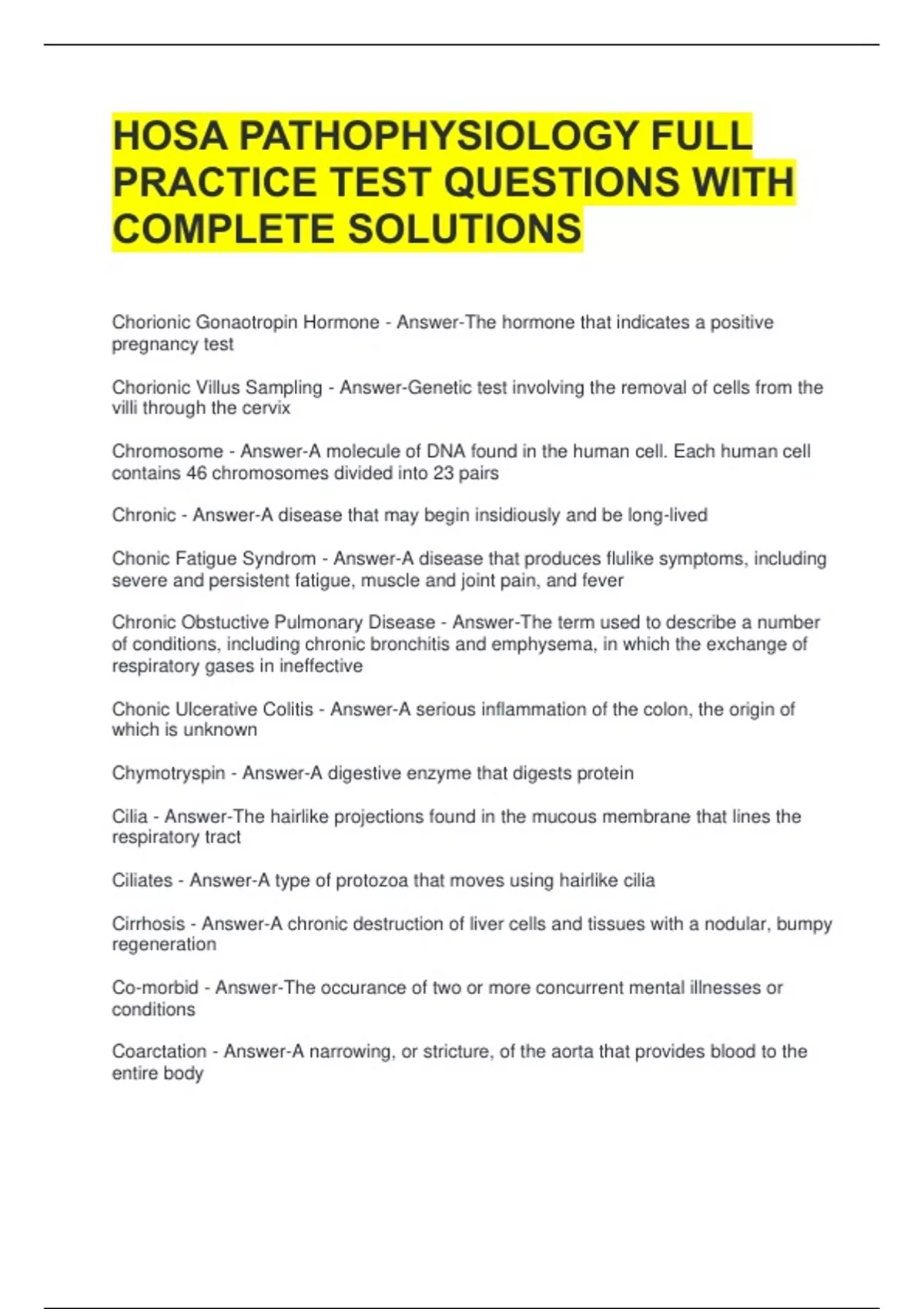 HOSA PATHOPHYSIOLOGY FULL PRACTICE TEST QUESTIONS WITH COMPLETE