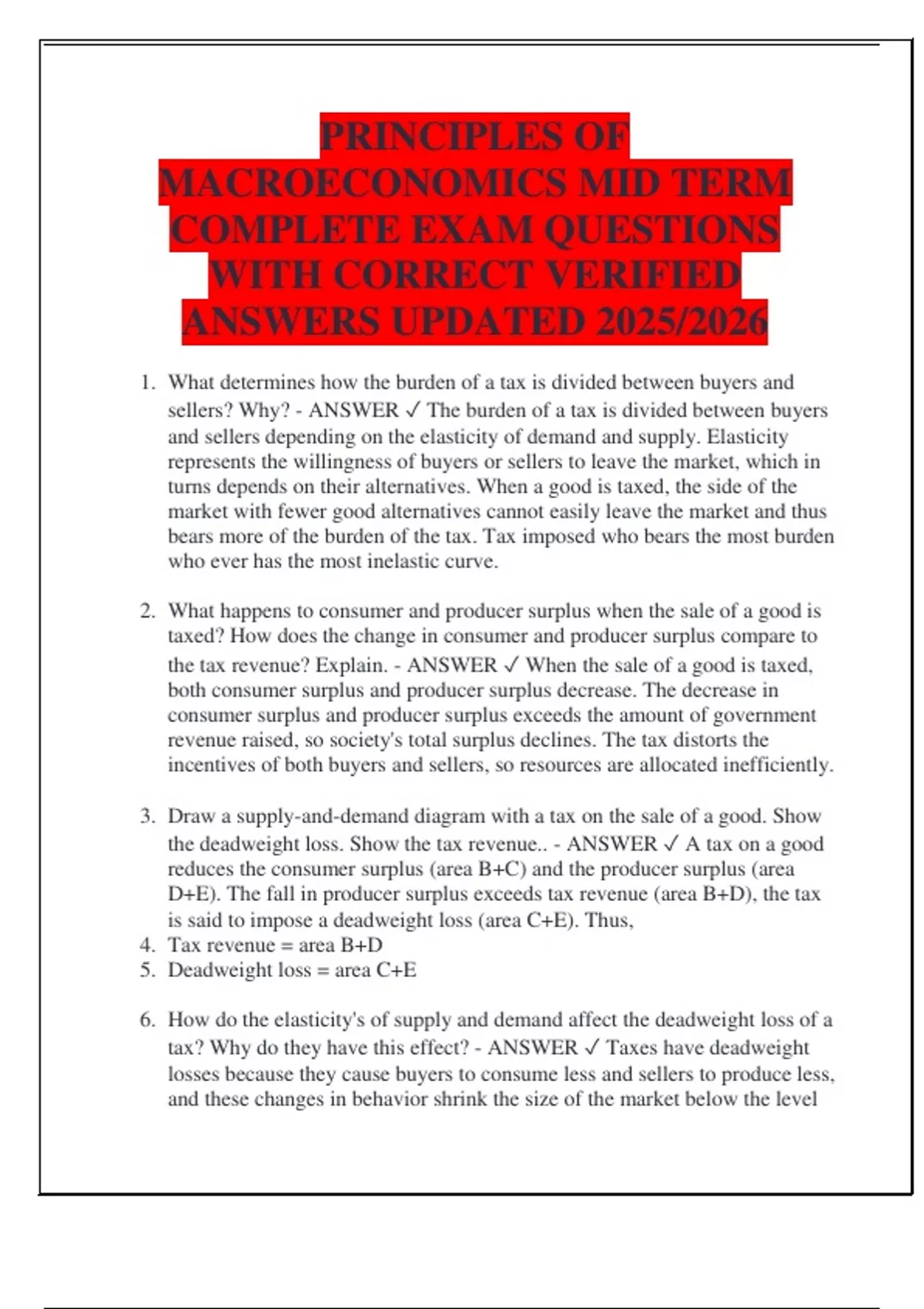 PRINCIPLES OF MACROECONOMICS MID TERM COMPLETE EXAM QUESTIONS WITH ...