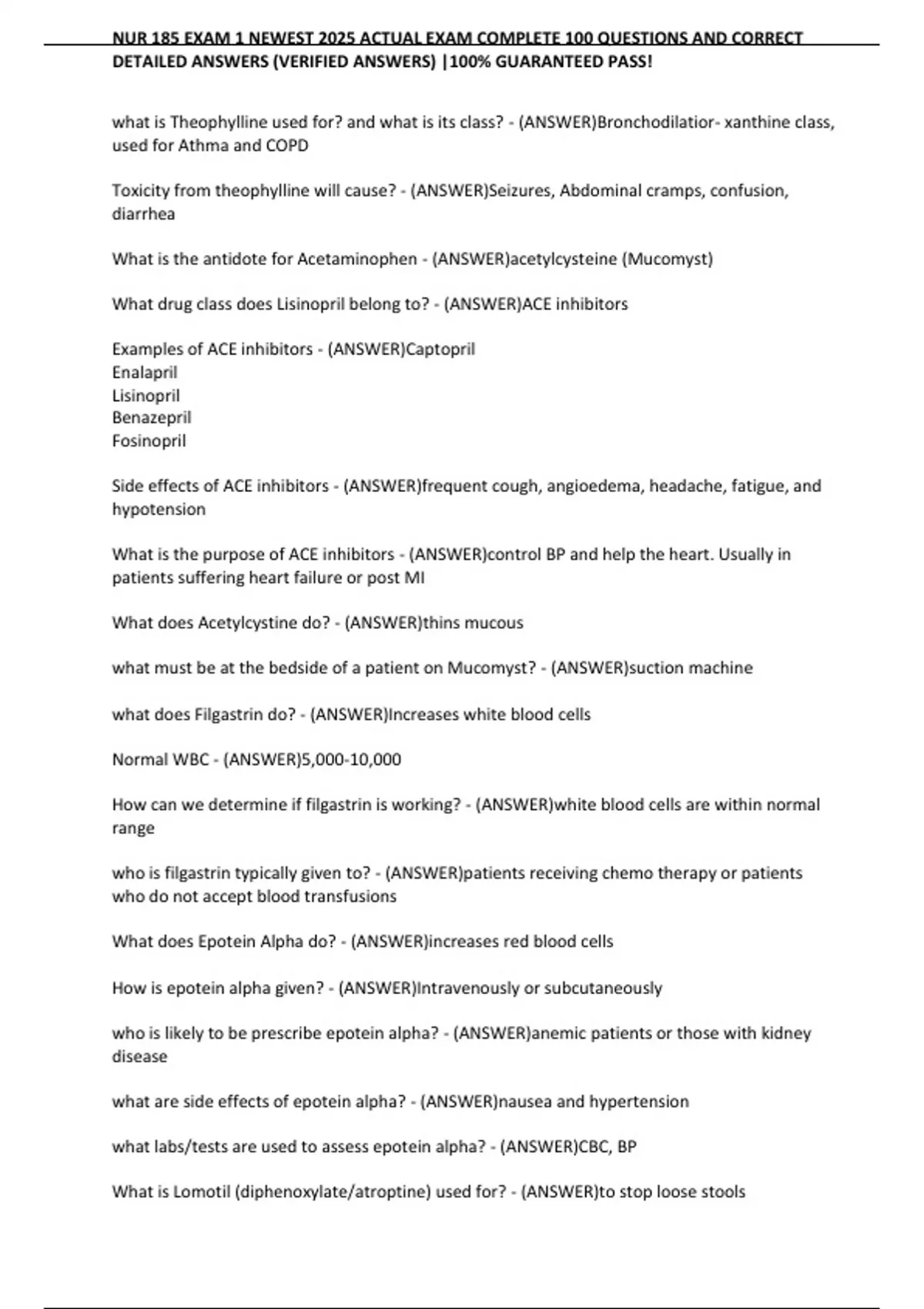 NUR 185 EXAM 1 NEWEST 2025 ACTUAL EXAM COMPLETE 100 QUESTIONS AND ...