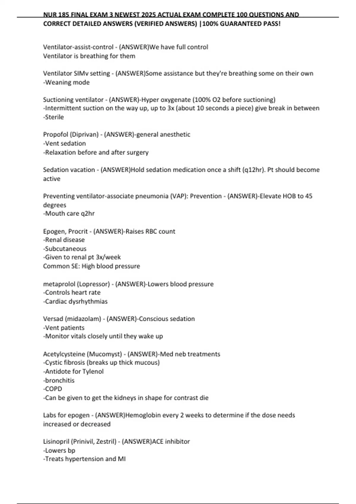 NUR 185 FINAL EXAM 3 NEWEST 2025 ACTUAL EXAM COMPLETE 100 QUESTIONS AND ...