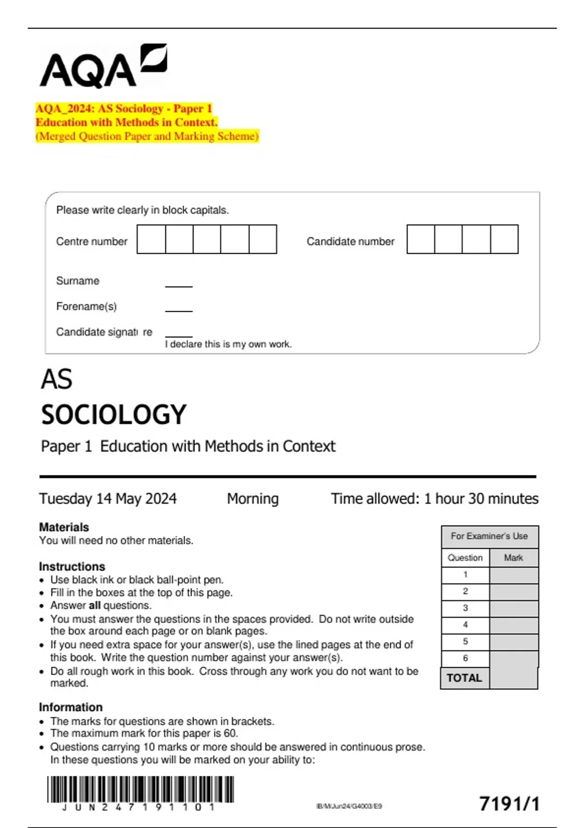 AQA_2024: AS Sociology - Paper 1 Education with Methods in Context ...