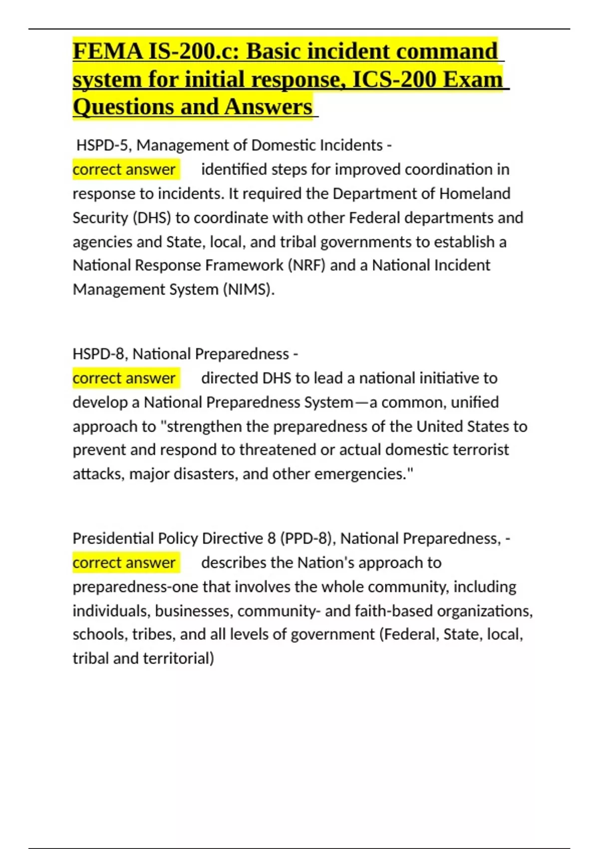 FEMA IS-200.c Basic incident command system for initial response, ICS ...