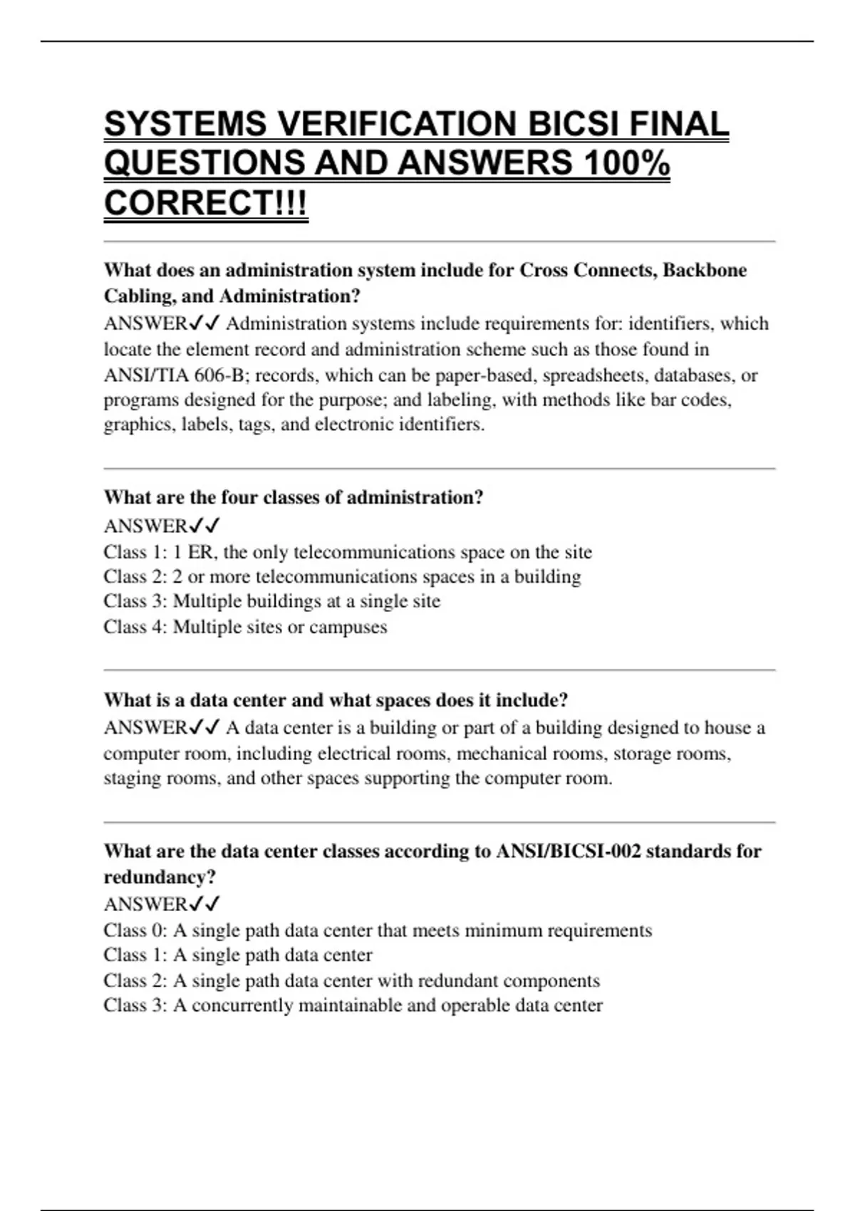 SYSTEMS VERIFICATION BICSI FINAL QUESTIONS AND ANSWERS 100% CORRECT ...