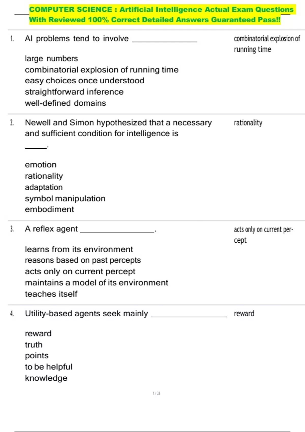 COMPUTER SCIENCE : Artificial Intelligence Actual Exam Questions With Reviewed 100% Correct ...