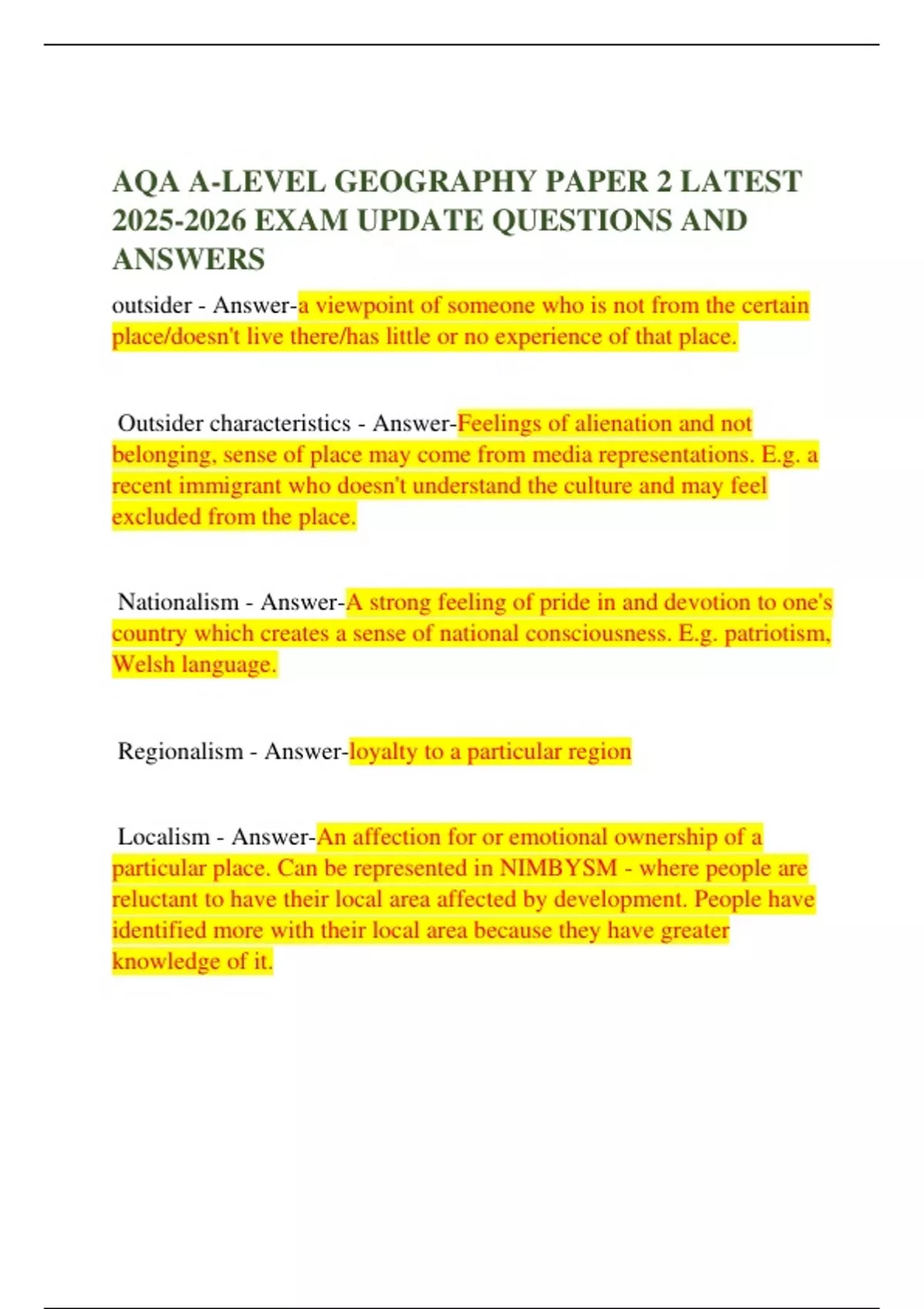 AQA A-LEVEL GEOGRAPHY PAPER 2 LATEST EXAM UPDATE QUESTIONS AND ANSWERS ...