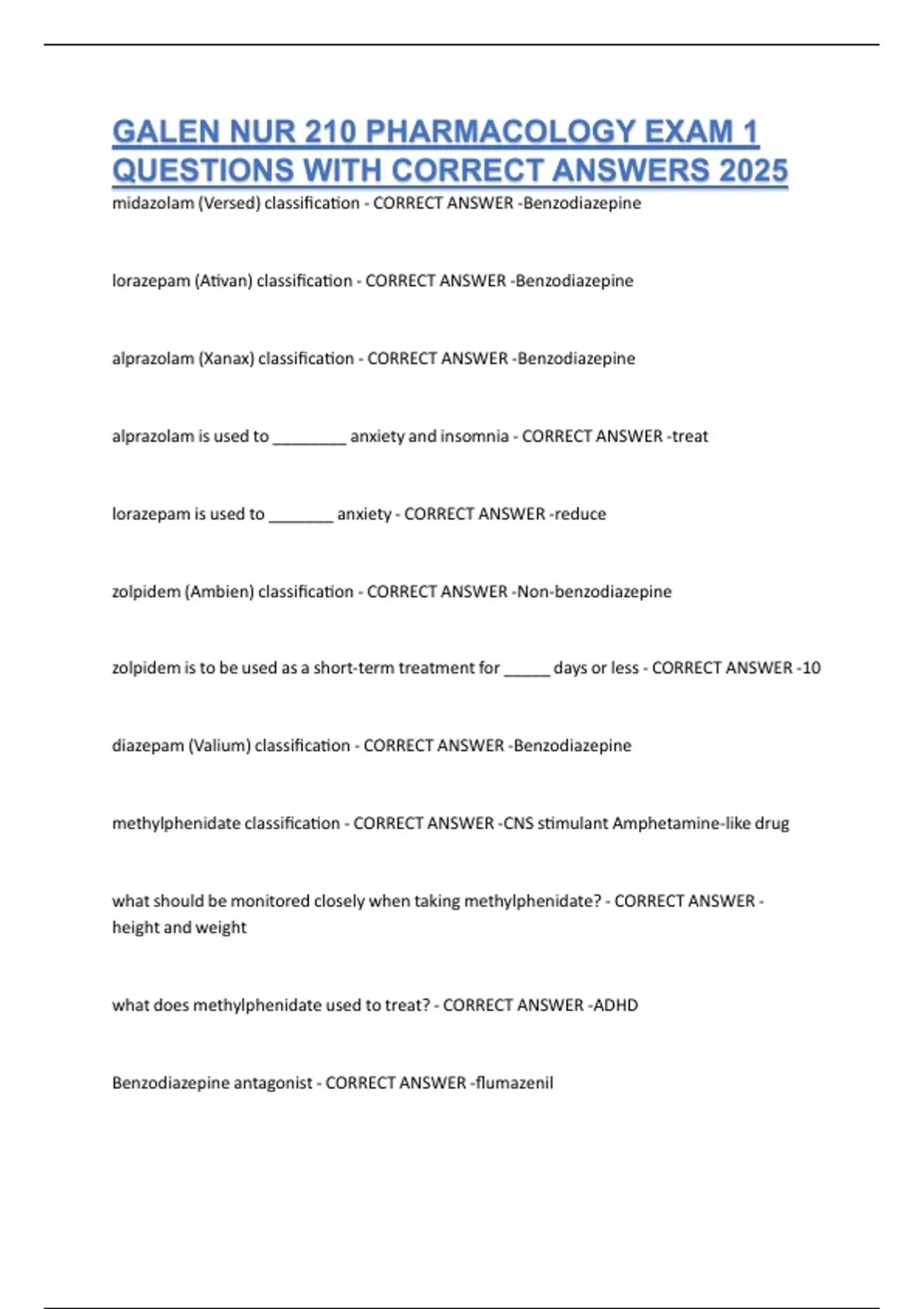 GALEN NUR 210 PHARMACOLOGY EXAM 1 QUESTIONS WITH CORRECT ANSWERS 2025 - Galen NUR 210 - Stuvia US