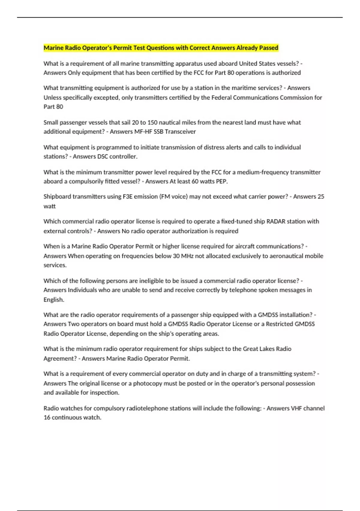 Marine Radio Operator's Permit Test Questions with Correct Answers ...