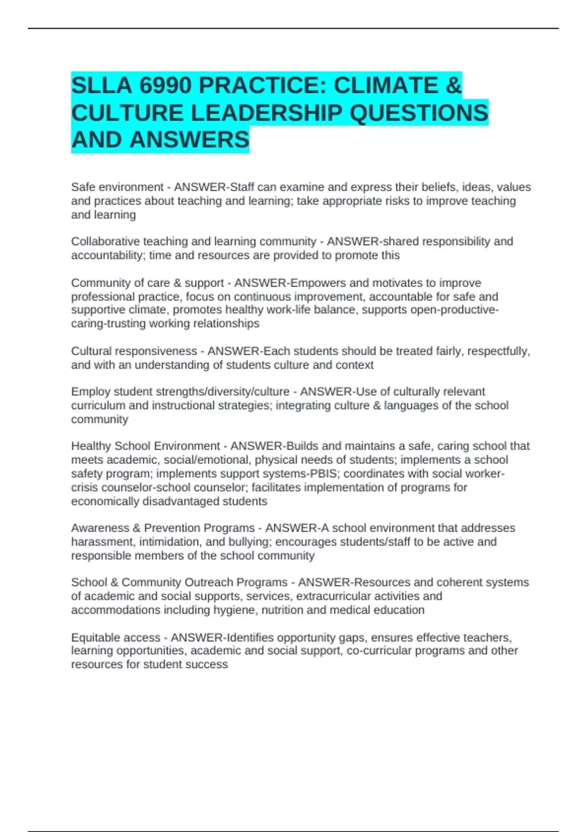 SLLA 6990 PRACTICE CLIMATE & CULTURE LEADERSHIP QUESTIONS AND ANSWERS