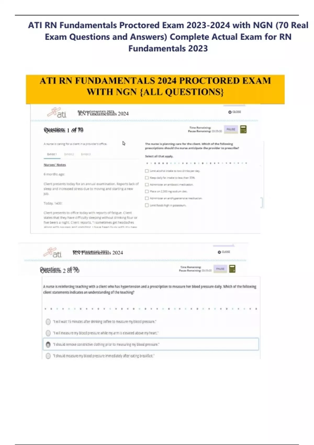 ATI RN Fundamentals Proctored Exam with NGN (70 Real Exam Questions and ...