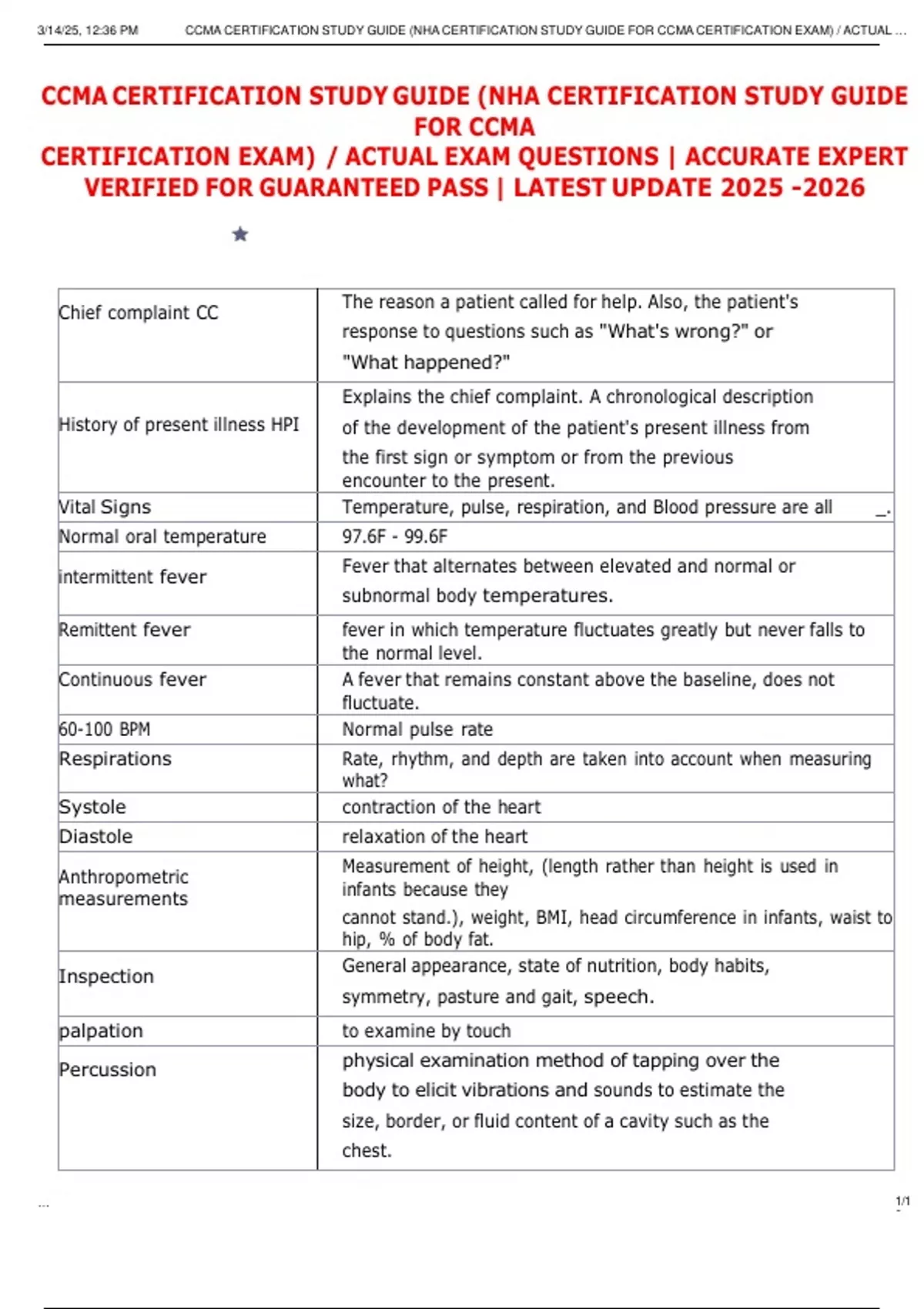CCMA NHA ACTUAL STUDY GUIDE EXAMS - Stuvia US