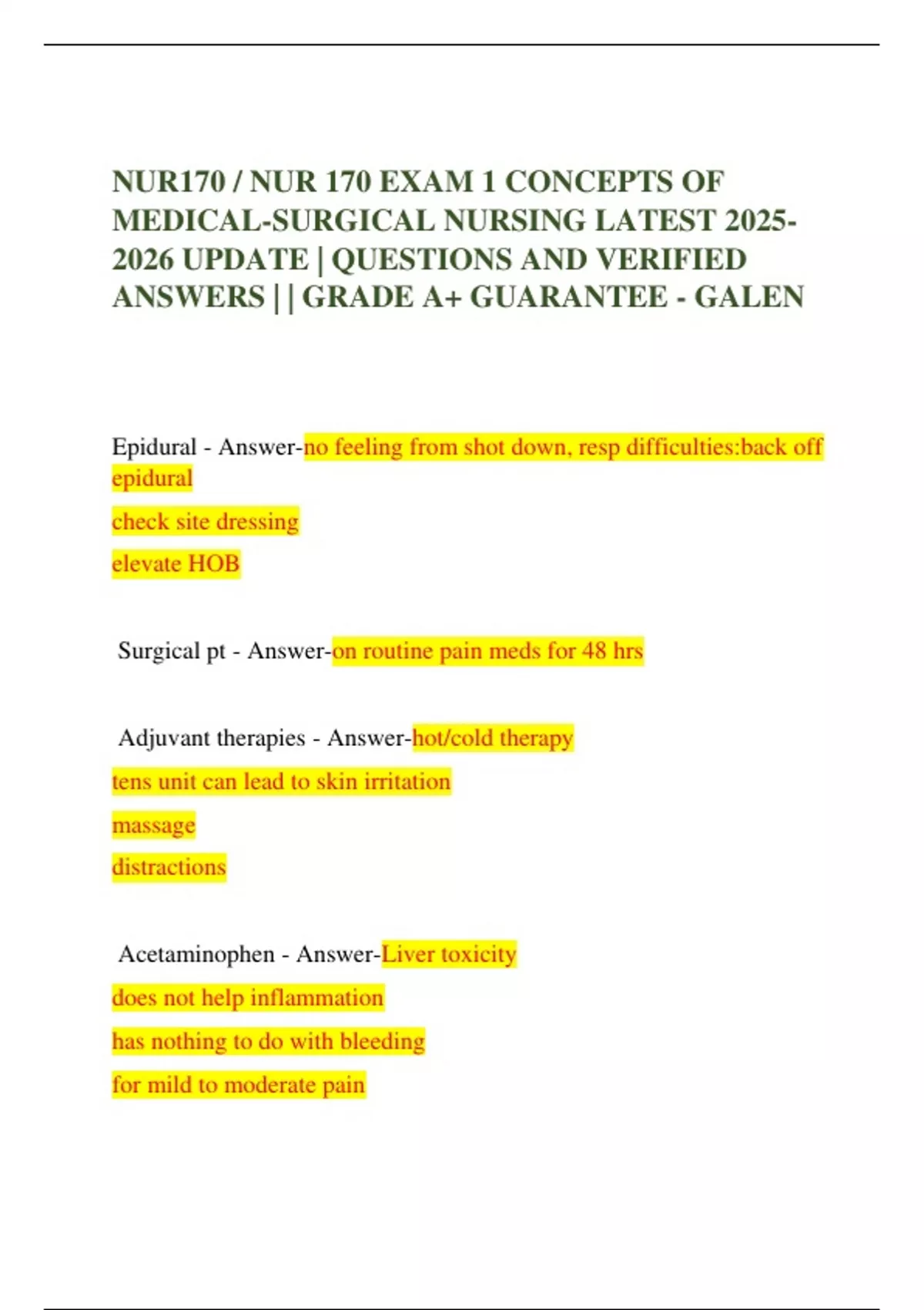 NUR170 / NUR 170 EXAM 1 CONCEPTS OF MEDICAL-SURGICAL NURSING LATEST ...
