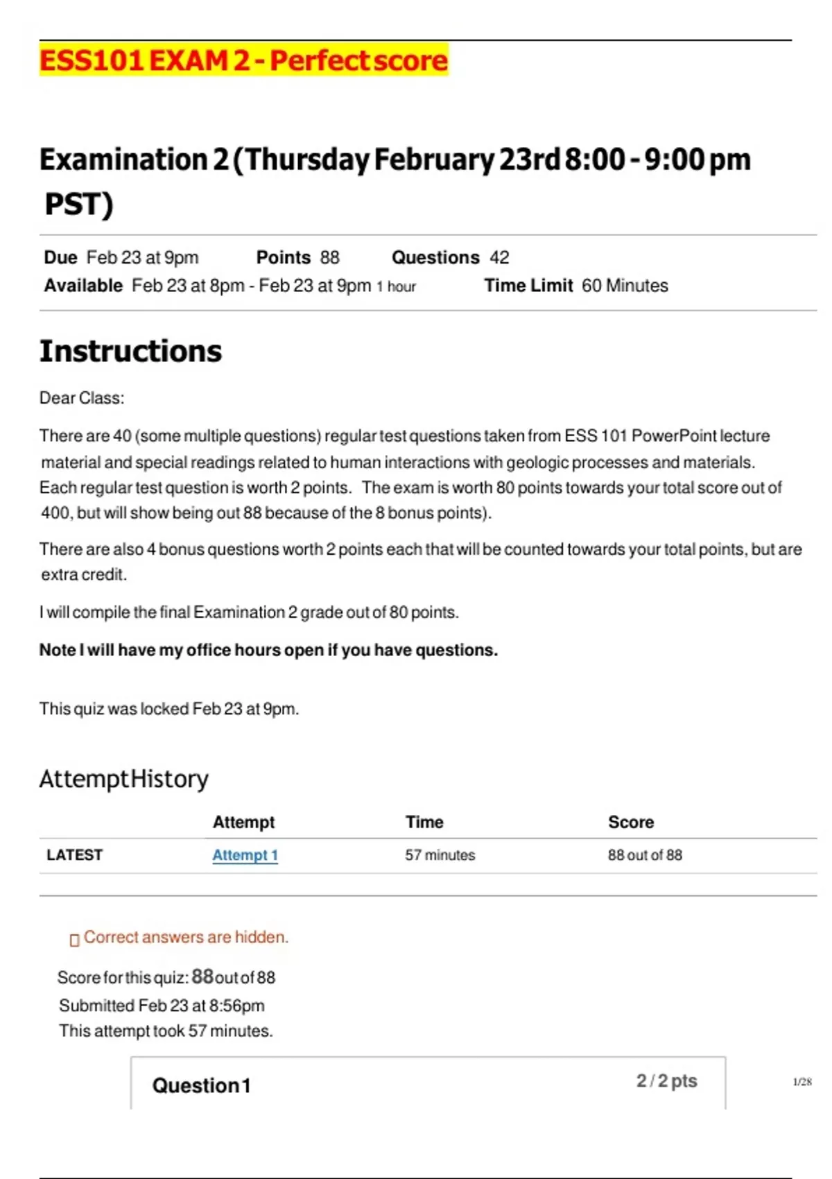 ESS 101 B Exam 2 | ESS 101 B Examination 2 Introduction to Geology and ...