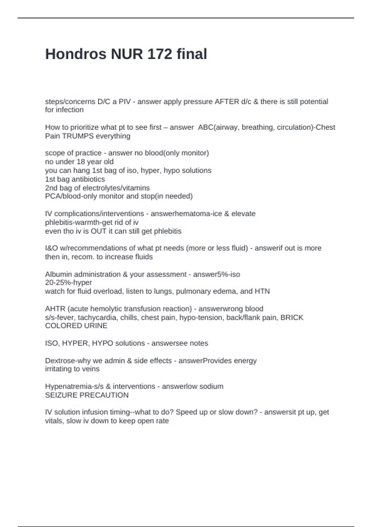 Hondros NUR 172 final Questions and Answers 100% Correct - NUR 172 ...