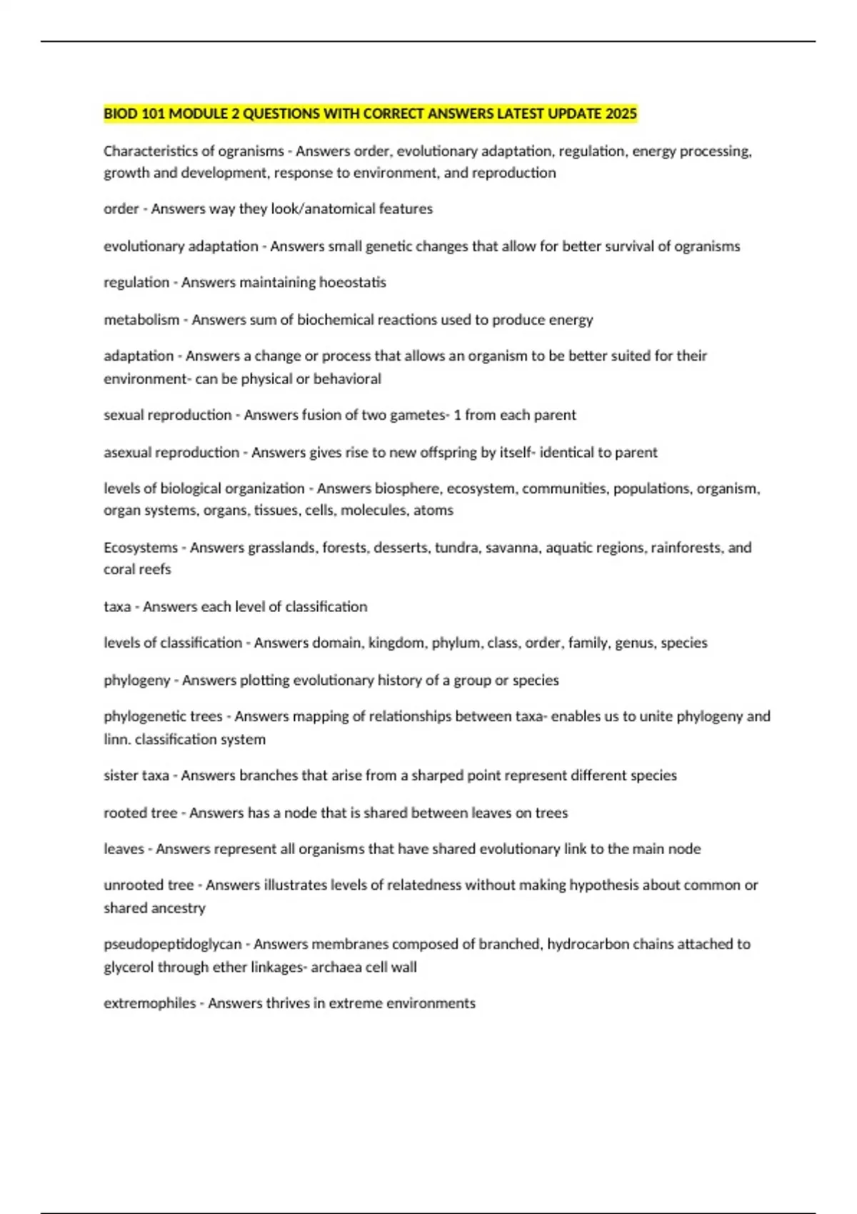 BIOD 101 MODULE 2 QUESTIONS WITH CORRECT ANSWERS LATEST UPDATE 2025 ...