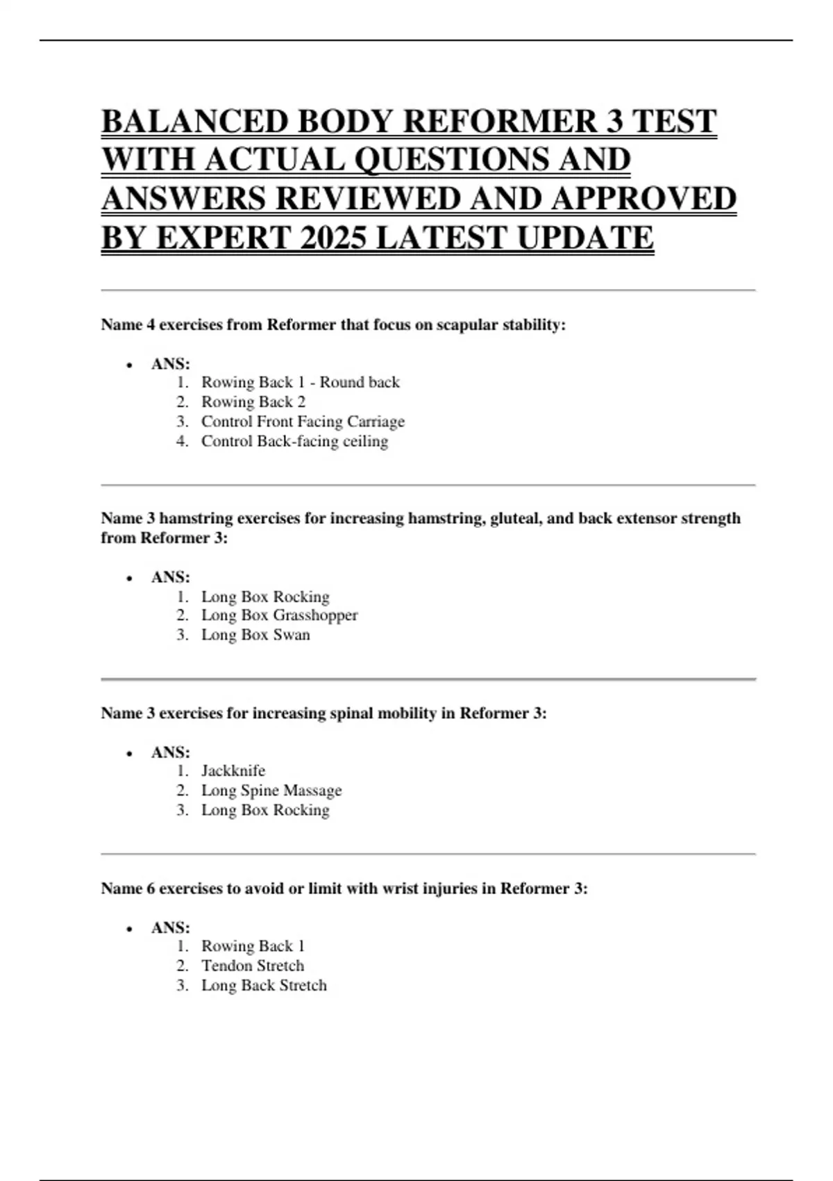 BALANCED BODY REFORMER 3 TEST WITH ACTUAL QUESTIONS AND ANSWERS ...