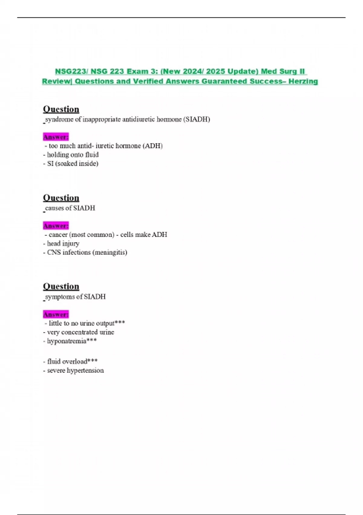 NSG223/ NSG 223 Exam 3: (New 2024/ 2025 Update) Med Surg II Review ...