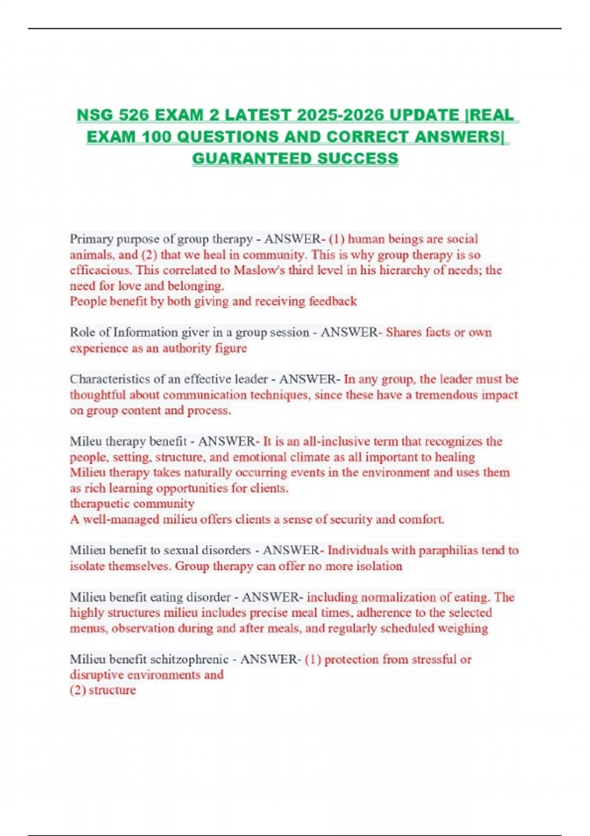 NSG 526 EXAM 2 LATEST UPDATE |REAL EXAM 100 QUESTIONS AND CORRECT ...
