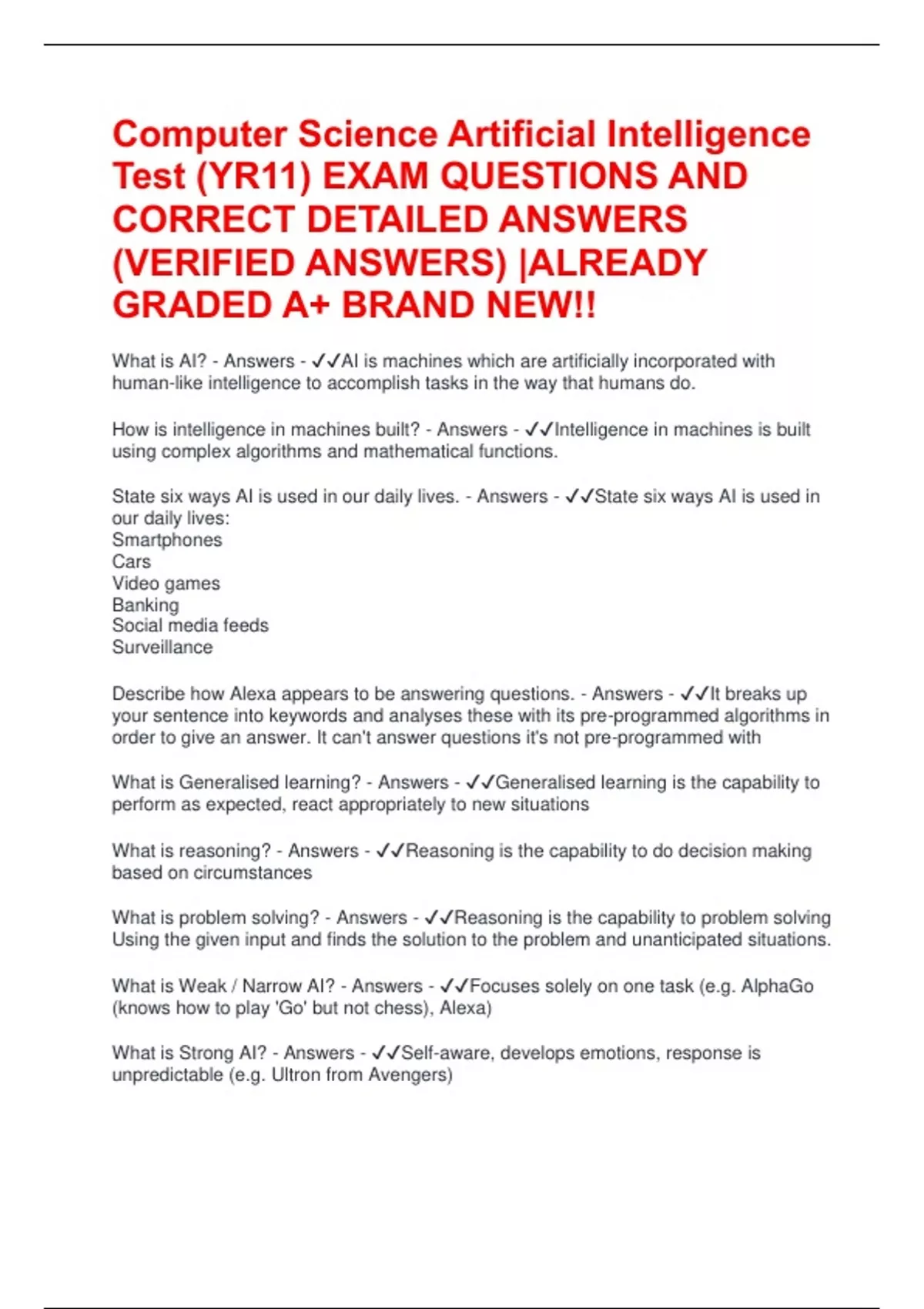 Computer Science Artificial Intelligence Test (YR11) EXAM QUESTIONS AND ...