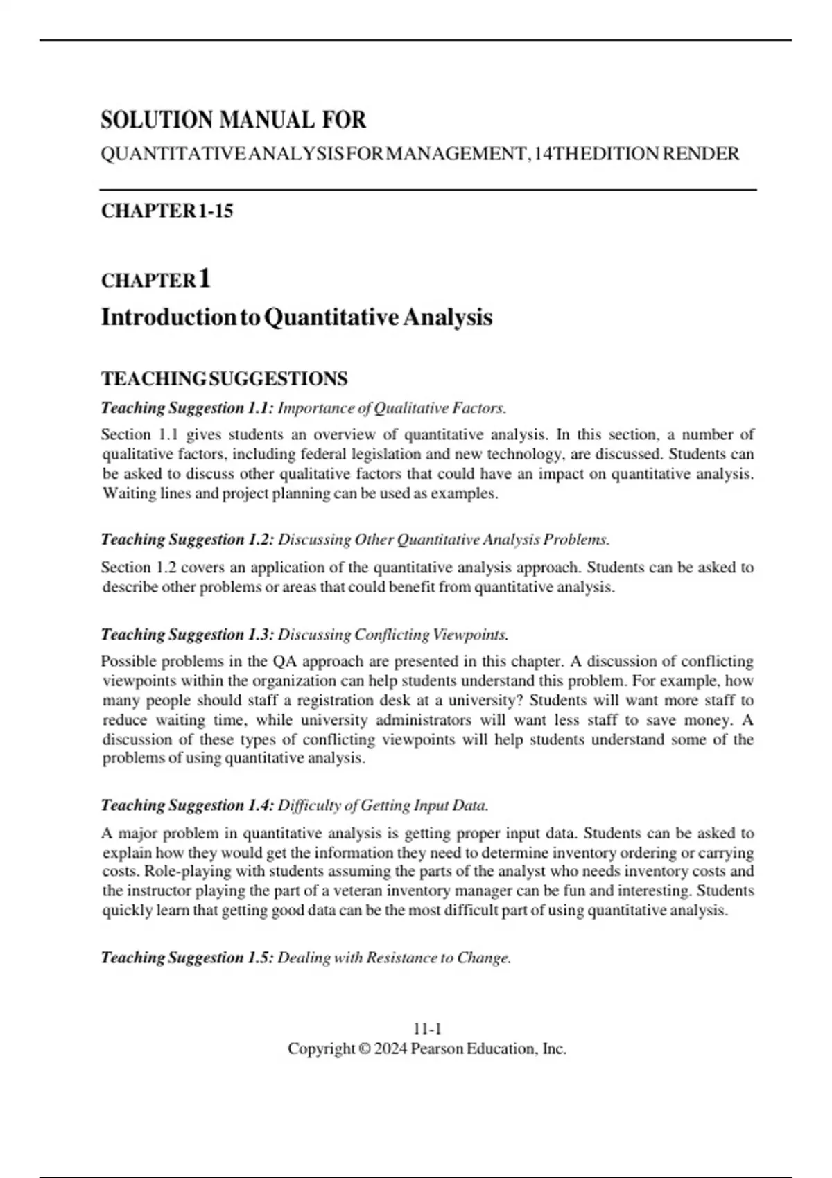 SOLUTIONS MANUAL for Quantitative Analysis for Management 14th Edition ...