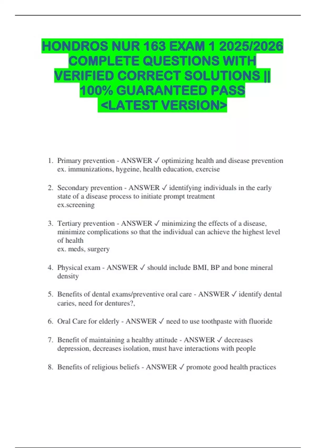 HONDROS NUR 163 EXAM 1 2025/2026 COMPLETE QUESTIONS WITH VERIFIED ...
