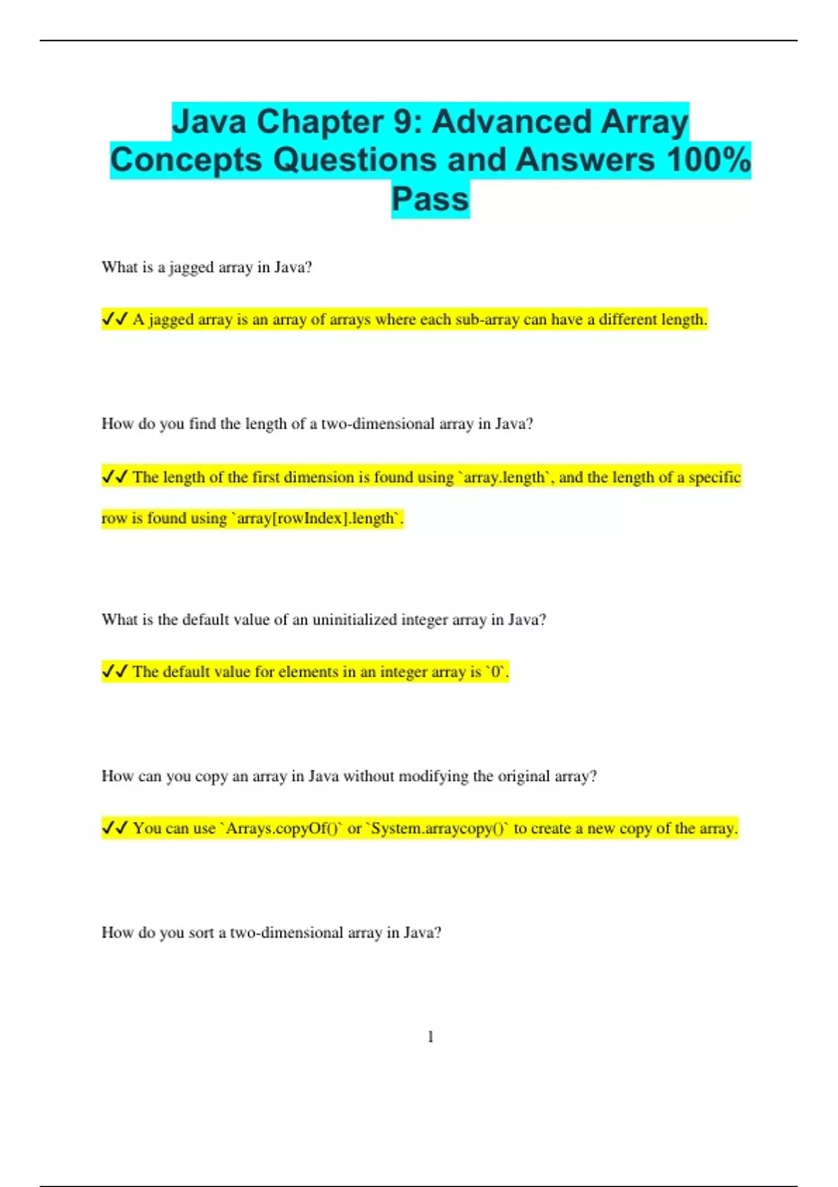 Java Chapter 9: Advanced Array Concepts Questions and Answers 100% Pass ...
