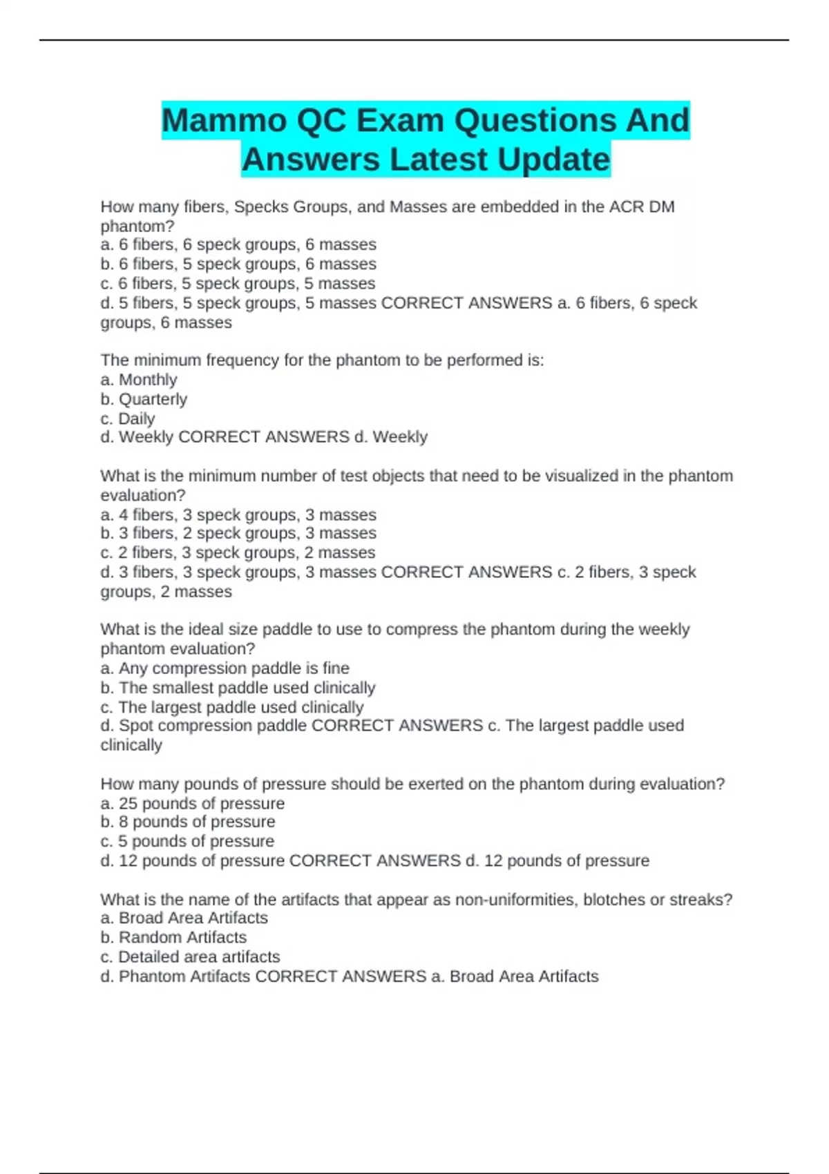 Mammo QC Exam Questions And Answers Latest Update - Mammo QC - Stuvia US