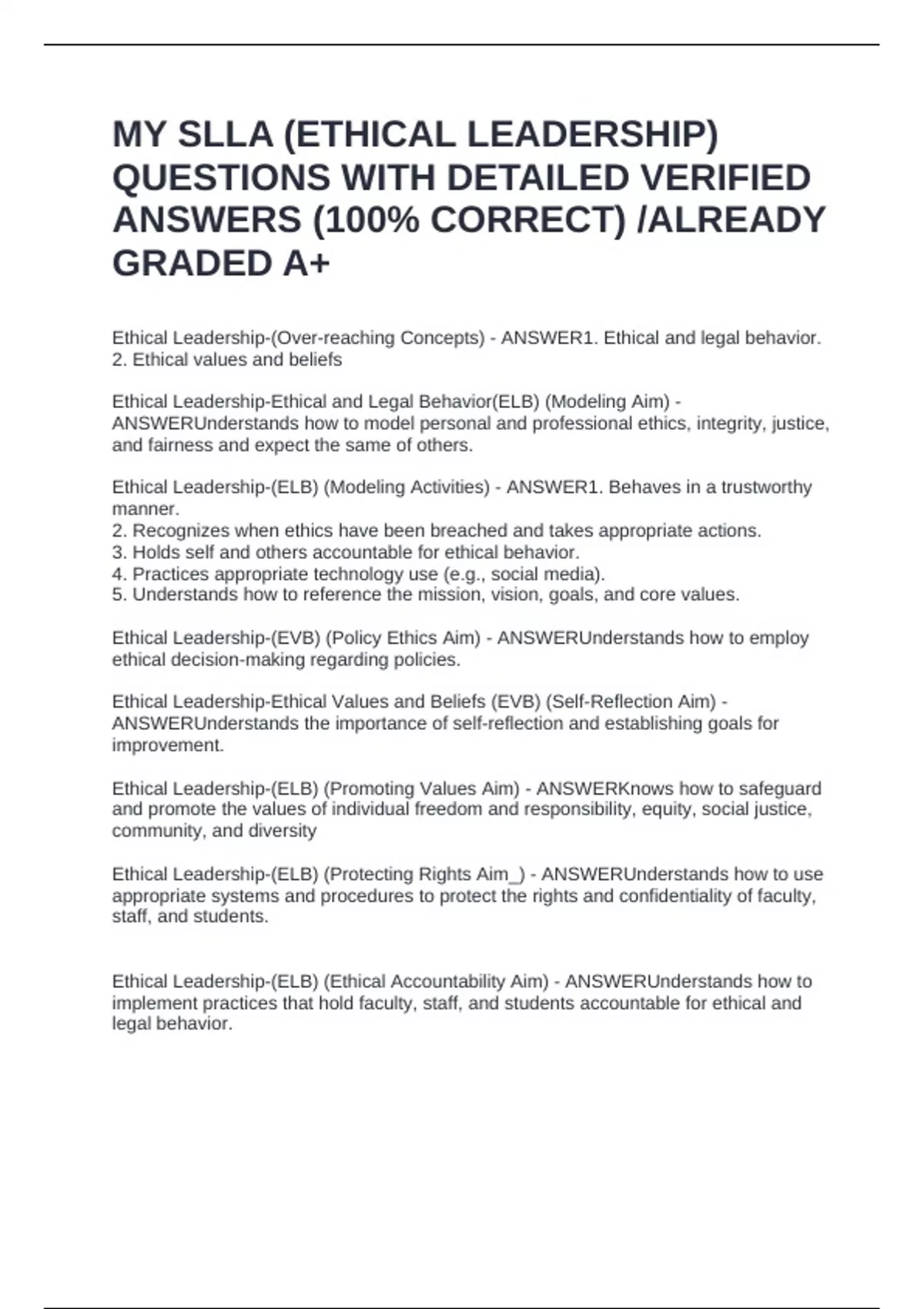 MY SLLA (ETHICAL LEADERSHIP) QUESTIONS WITH DETAILED VERIFIED ANSWERS ...