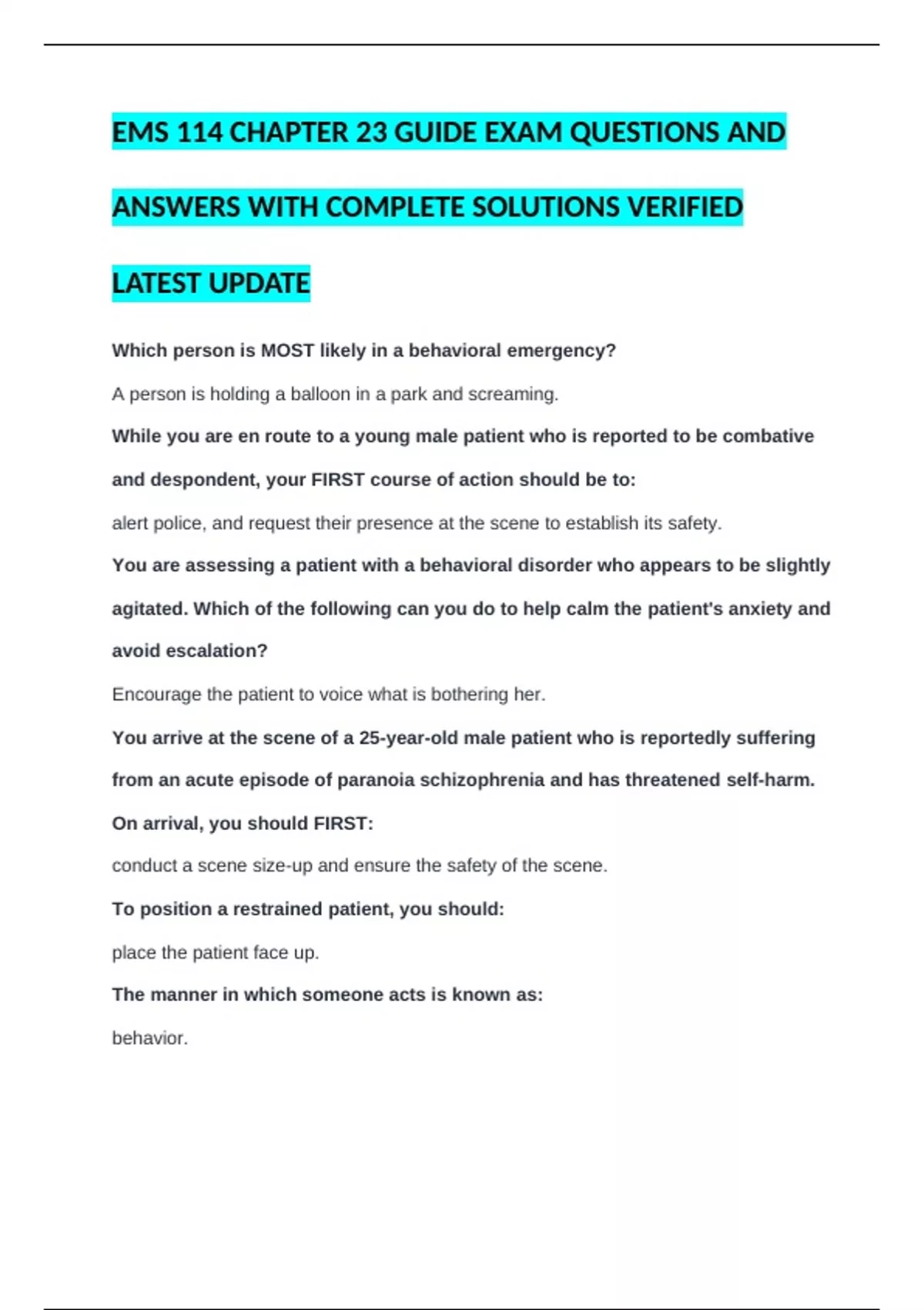 EMS 114 CHAPTER 23 GUIDE EXAM QUESTIONS AND ANSWERS WITH COMPLETE ...
