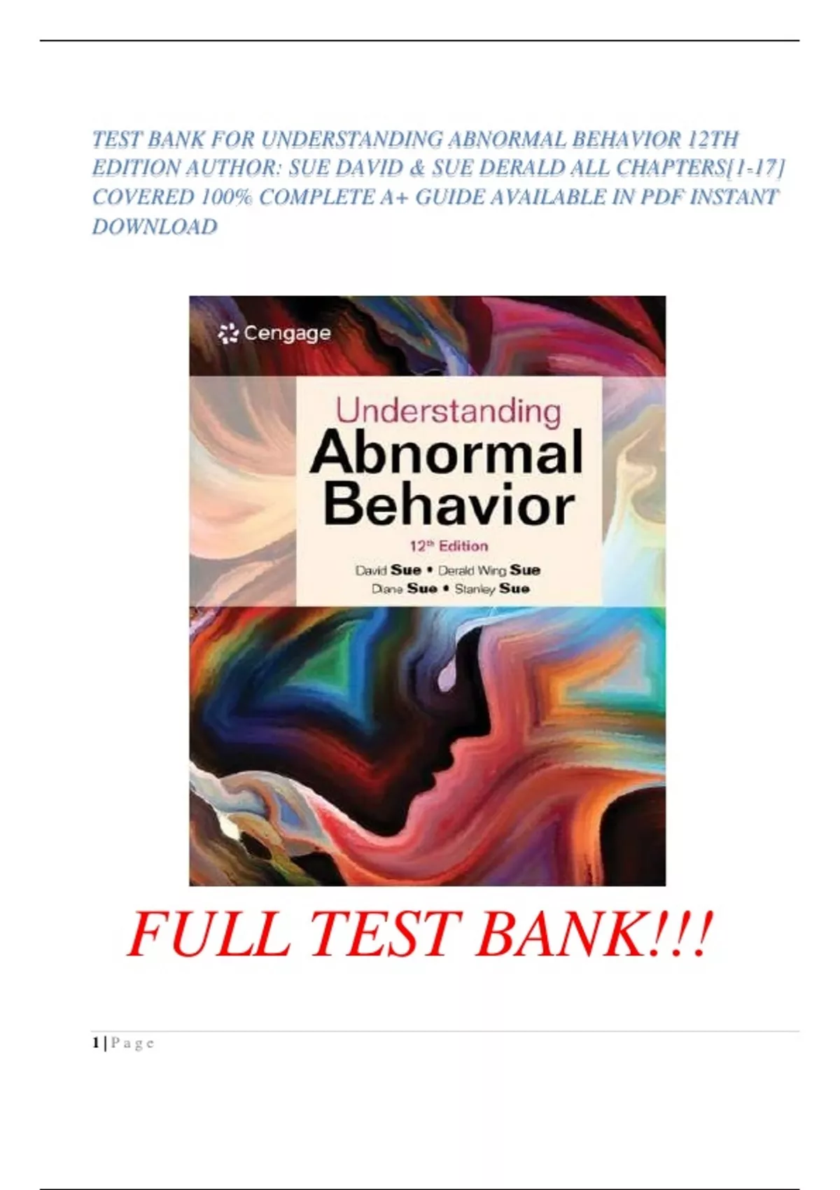 TEST BANK FOR UNDERSTANDING ABNORMAL BEHAVIOR 12TH EDITION AUTHOR: SUE ...