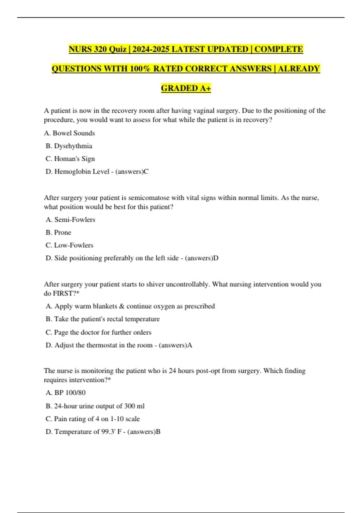 NURS 320 Quiz 1-3| LATEST UPDATED | COMPLETE QUESTIONS WITH 100% RATED ...