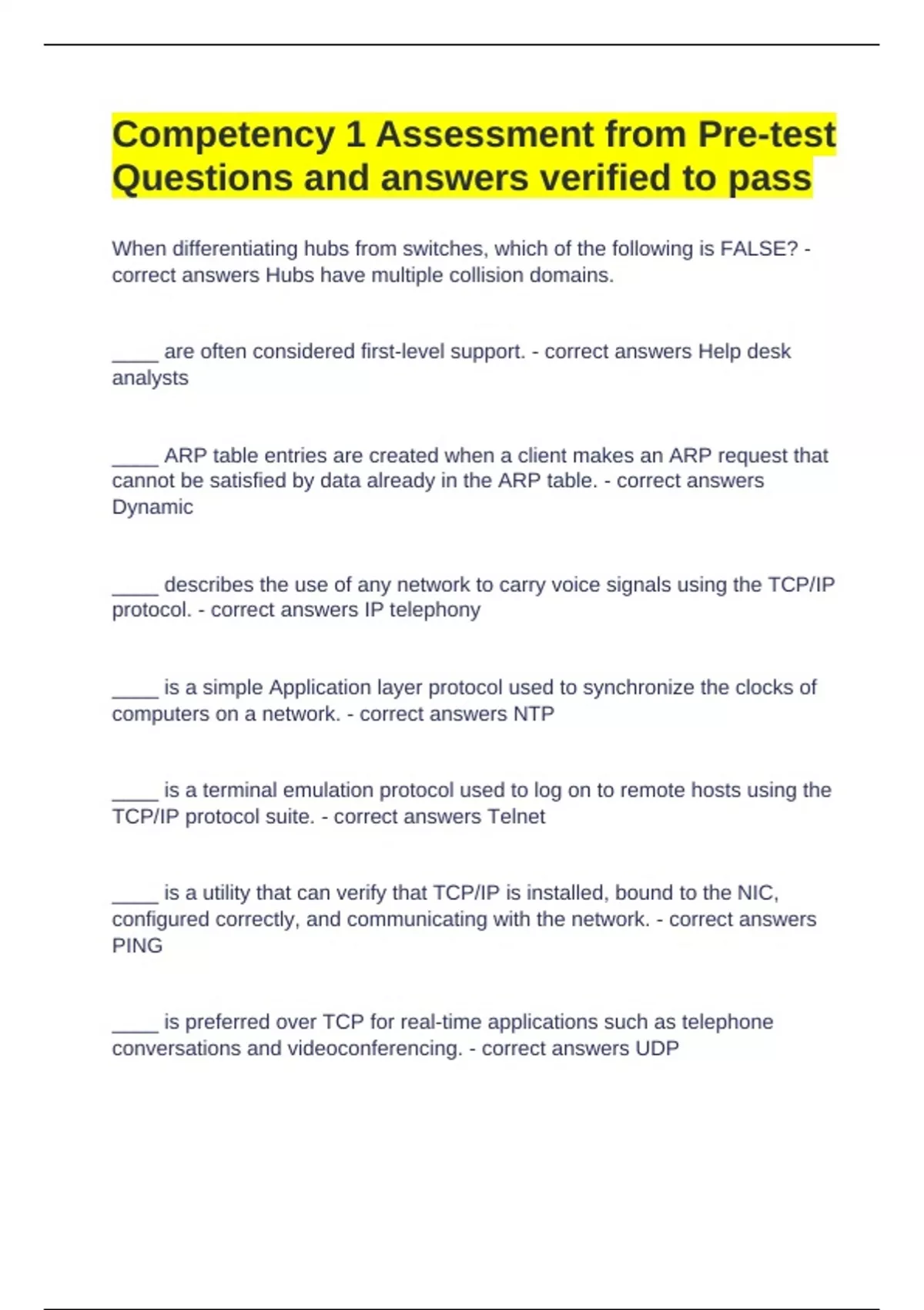 Check Competency Answers Competency 1 Assessment from Pre-test Questions and answers verified to ...