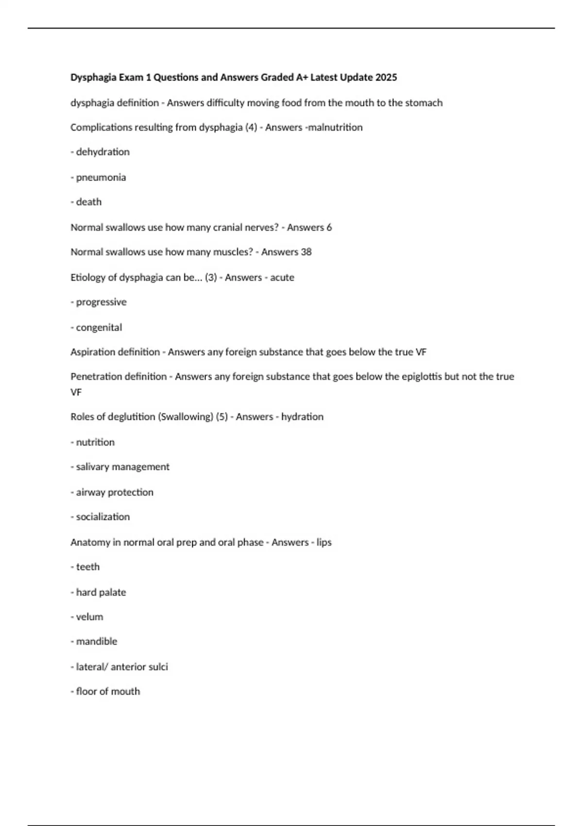 Dysphagia Exam 1 Questions and Answers Graded A+ Latest Update 2025 ...