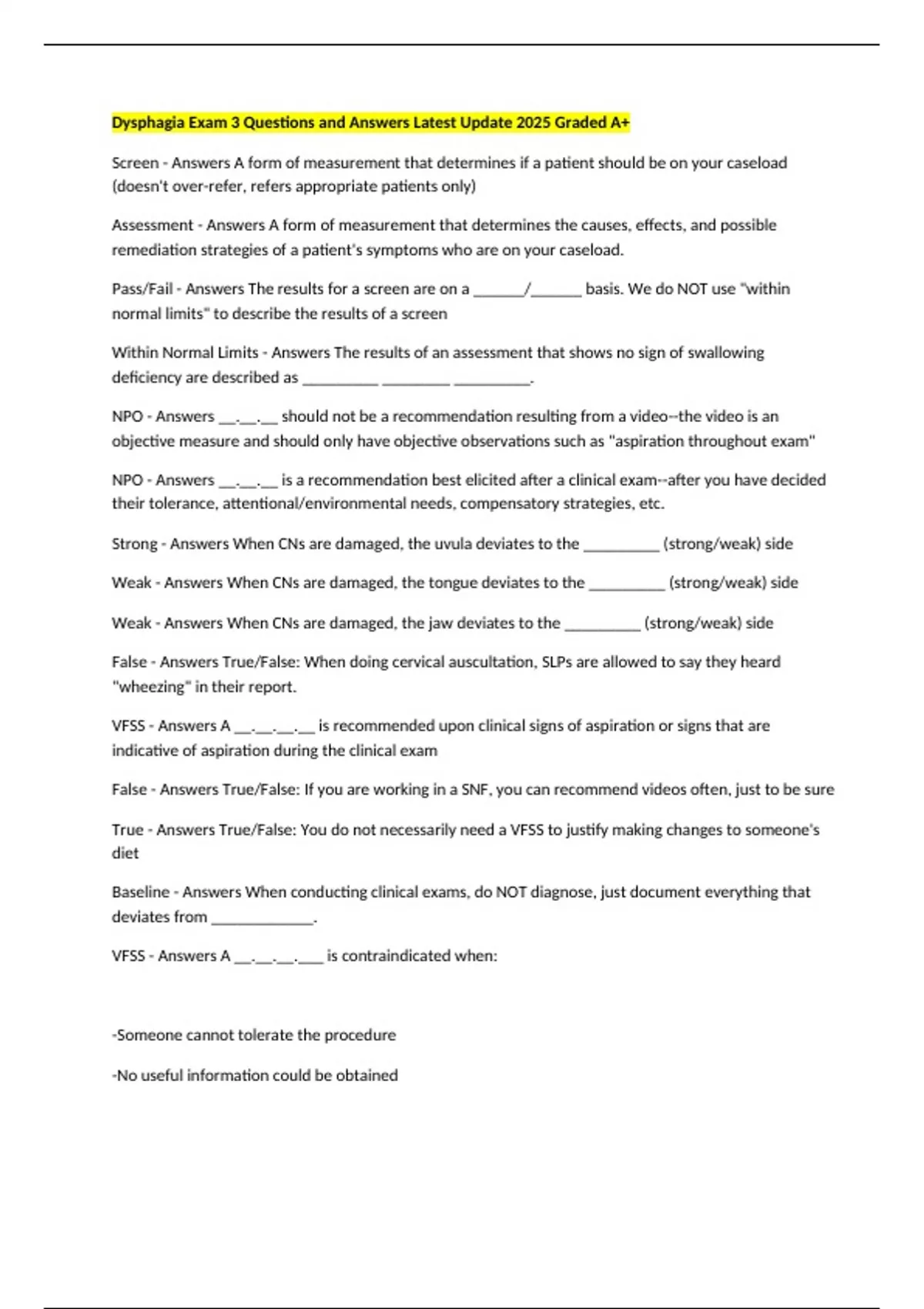 Dysphagia Exam 3 Questions and Answers Latest Update 2025 Graded A+ ...