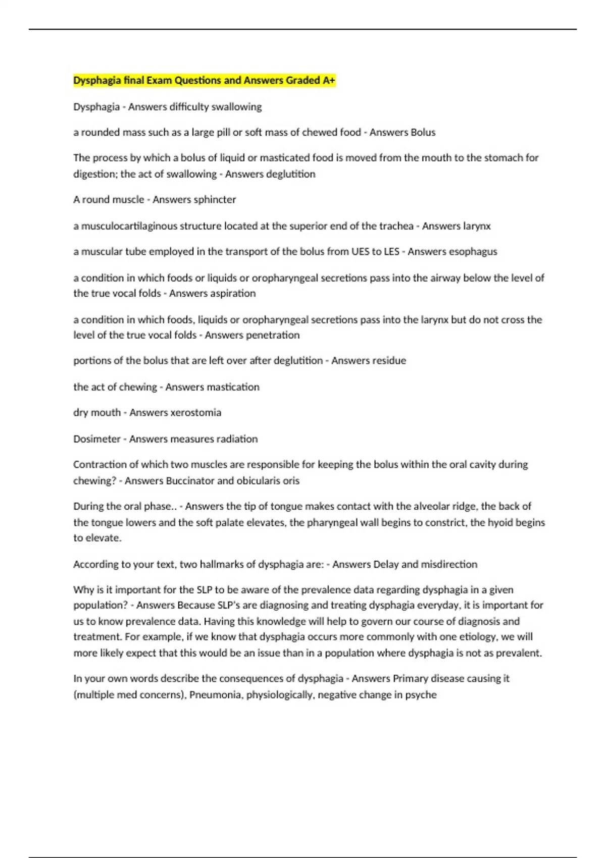 Dysphagia final Exam Questions and Answers Graded A+ - Dysphagia ...